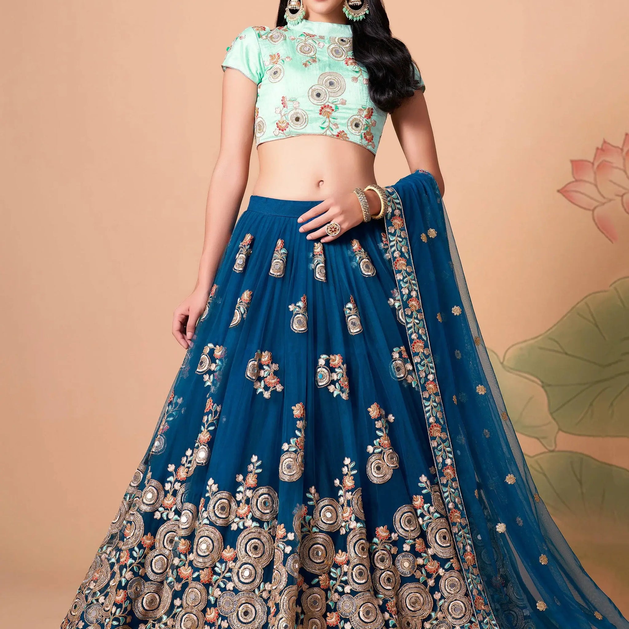 Spectacular Dove Blue Mirror Work Net Event Wear Lehenga Choli - Zeel Clothing