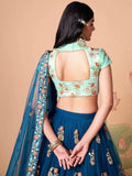 Spectacular Dove Blue Mirror Work Net Event Wear Lehenga Choli - Zeel Clothing