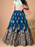Spectacular Dove Blue Mirror Work Net Event Wear Lehenga Choli - Zeel Clothing