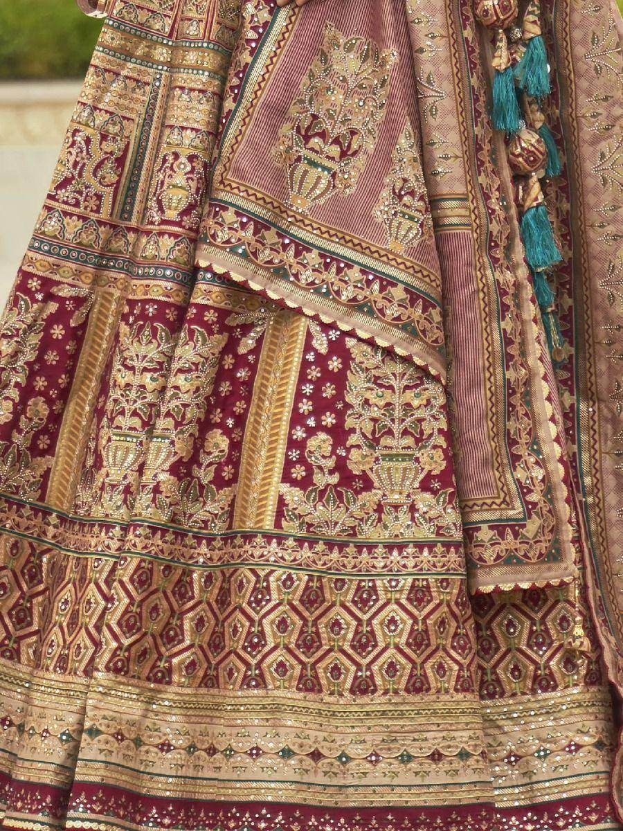 Spectacular Golden & Red Mirror Work Rajwadi Silk Lehenga Choli - Zeel Clothing