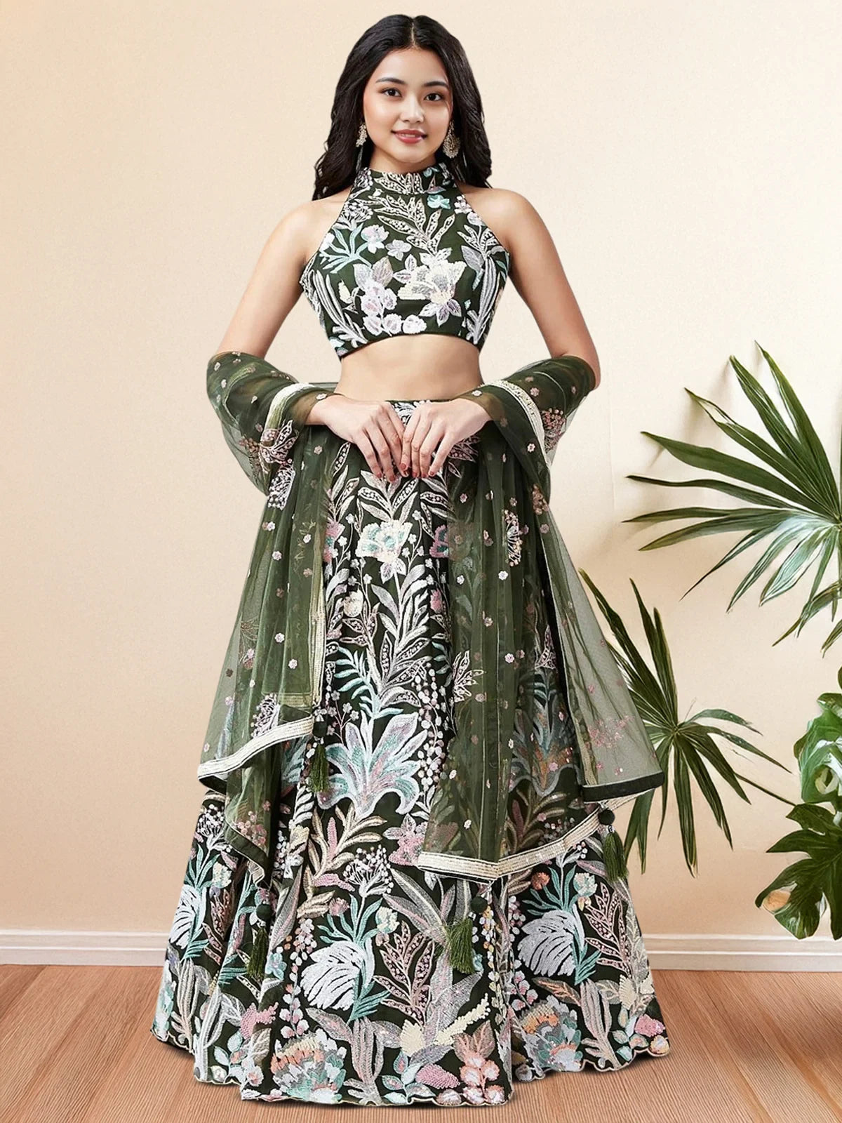 Spectacular Green Sequins Net Party Wear Lehenga Choli With Dupatta - Zeel Clothing