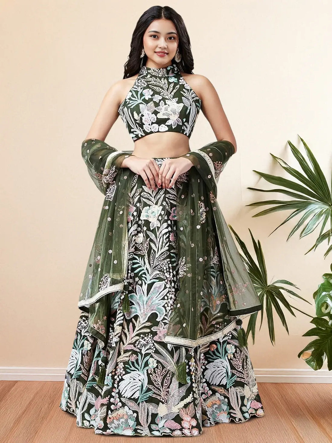Spectacular Green Sequins Net Party Wear Lehenga Choli With Dupatta - Zeel Clothing