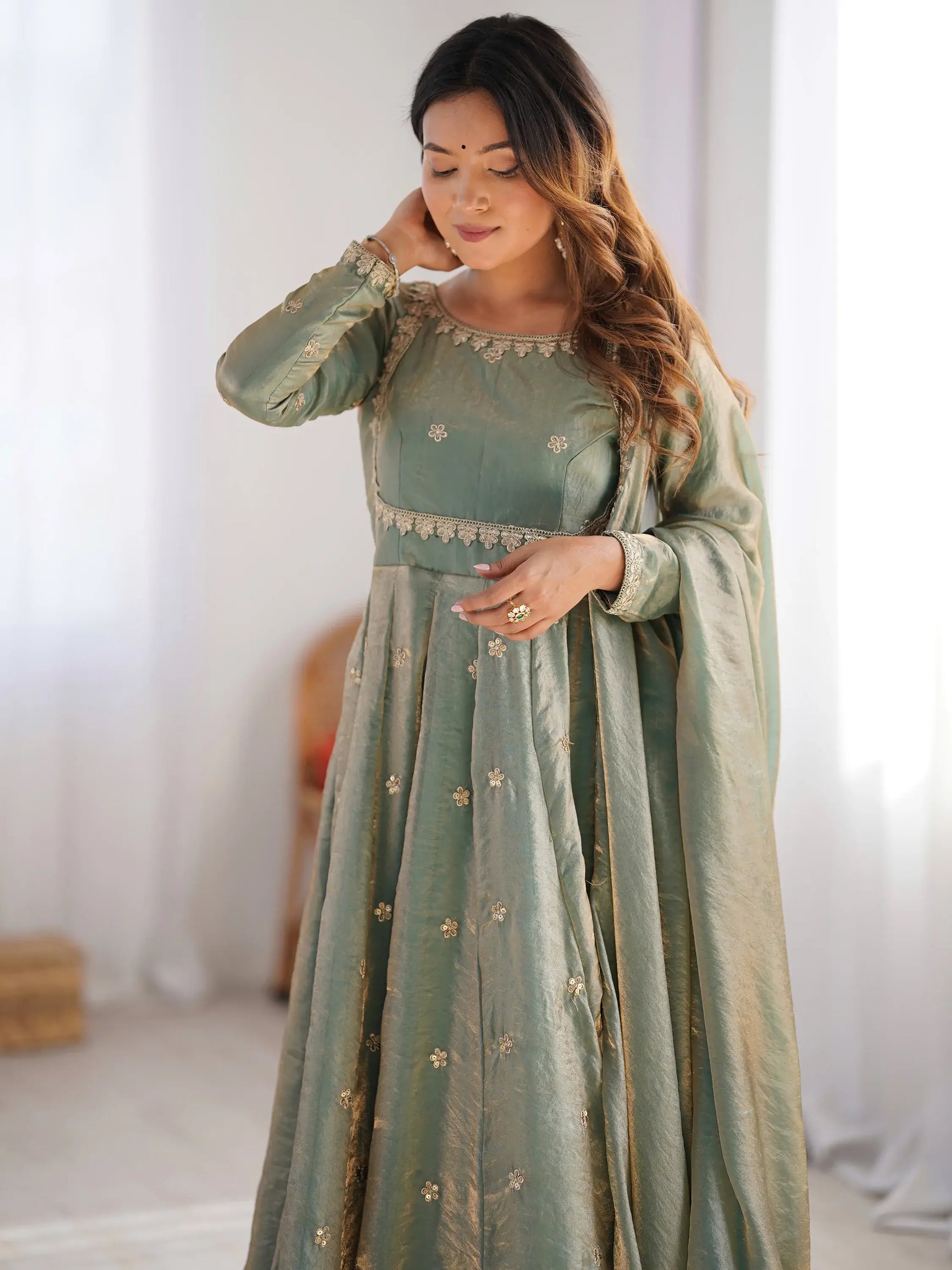 Spectacular Green Sequins Silk Traditional Gown With Dupatta - Zeel Clothing