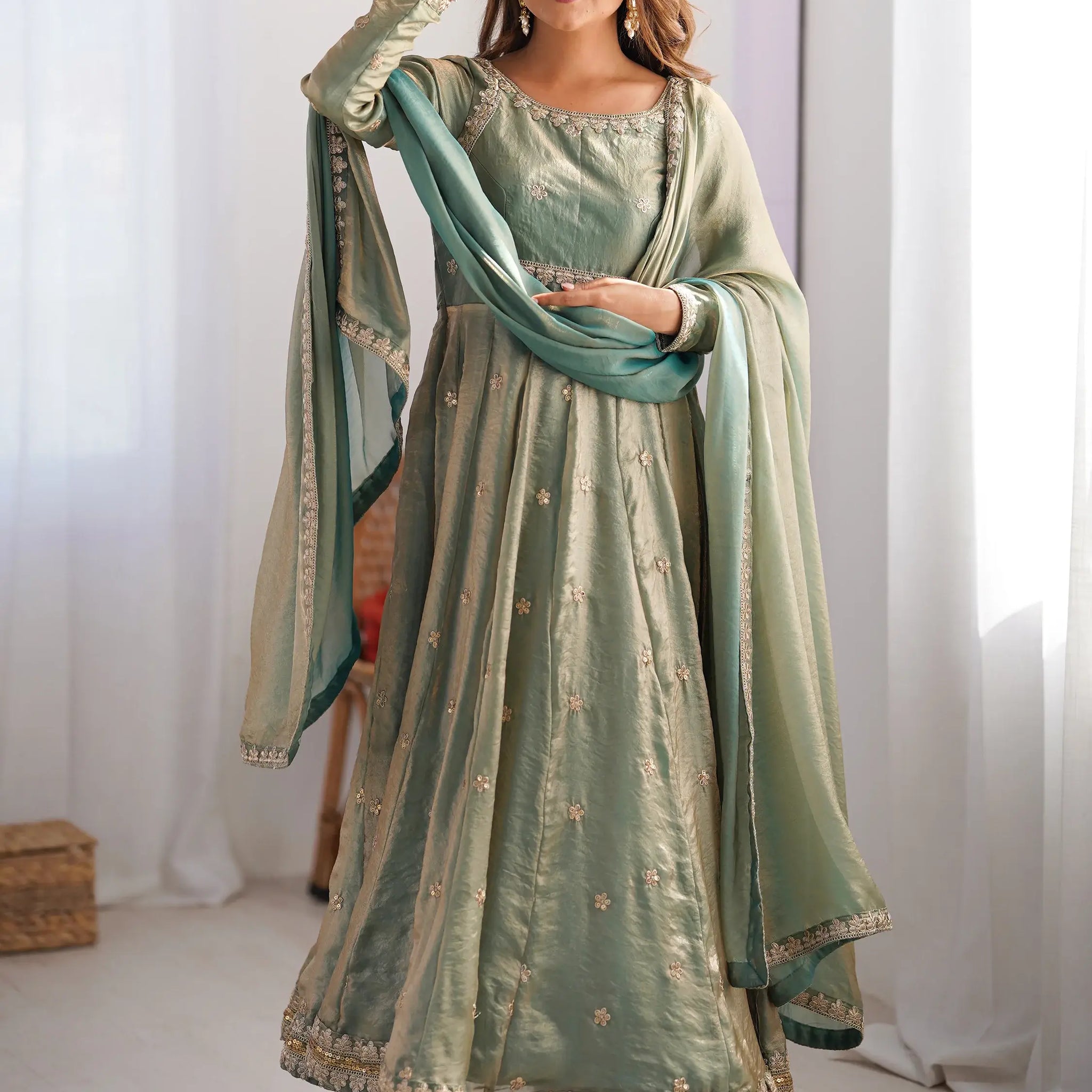 Spectacular Green Sequins Silk Traditional Gown With Dupatta - Zeel Clothing