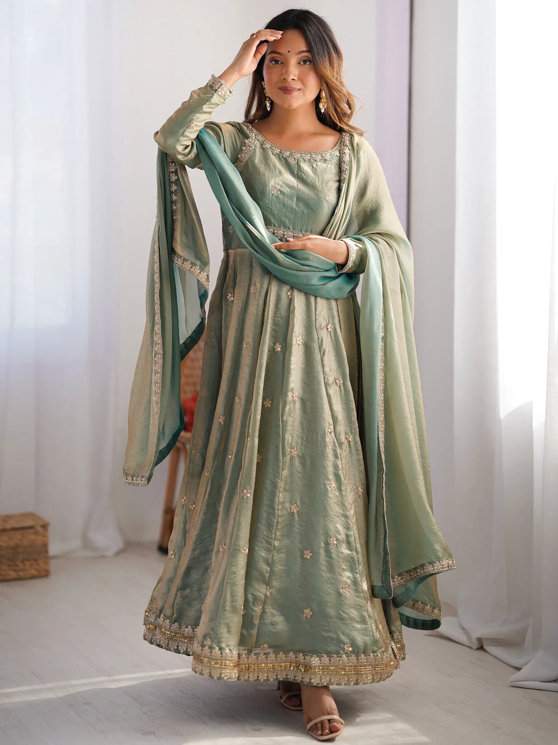 Spectacular Green Sequins Silk Traditional Gown With Dupatta - Zeel Clothing