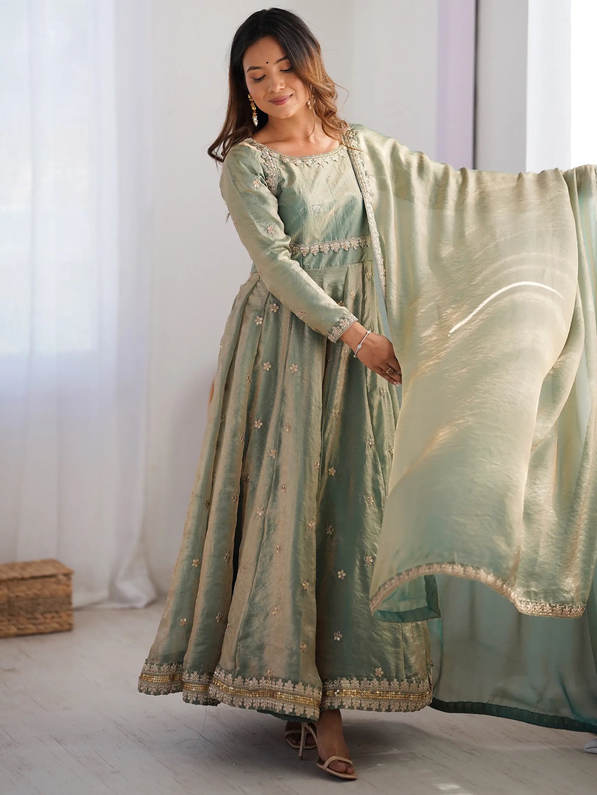 Spectacular Green Sequins Silk Traditional Gown With Dupatta - Zeel Clothing