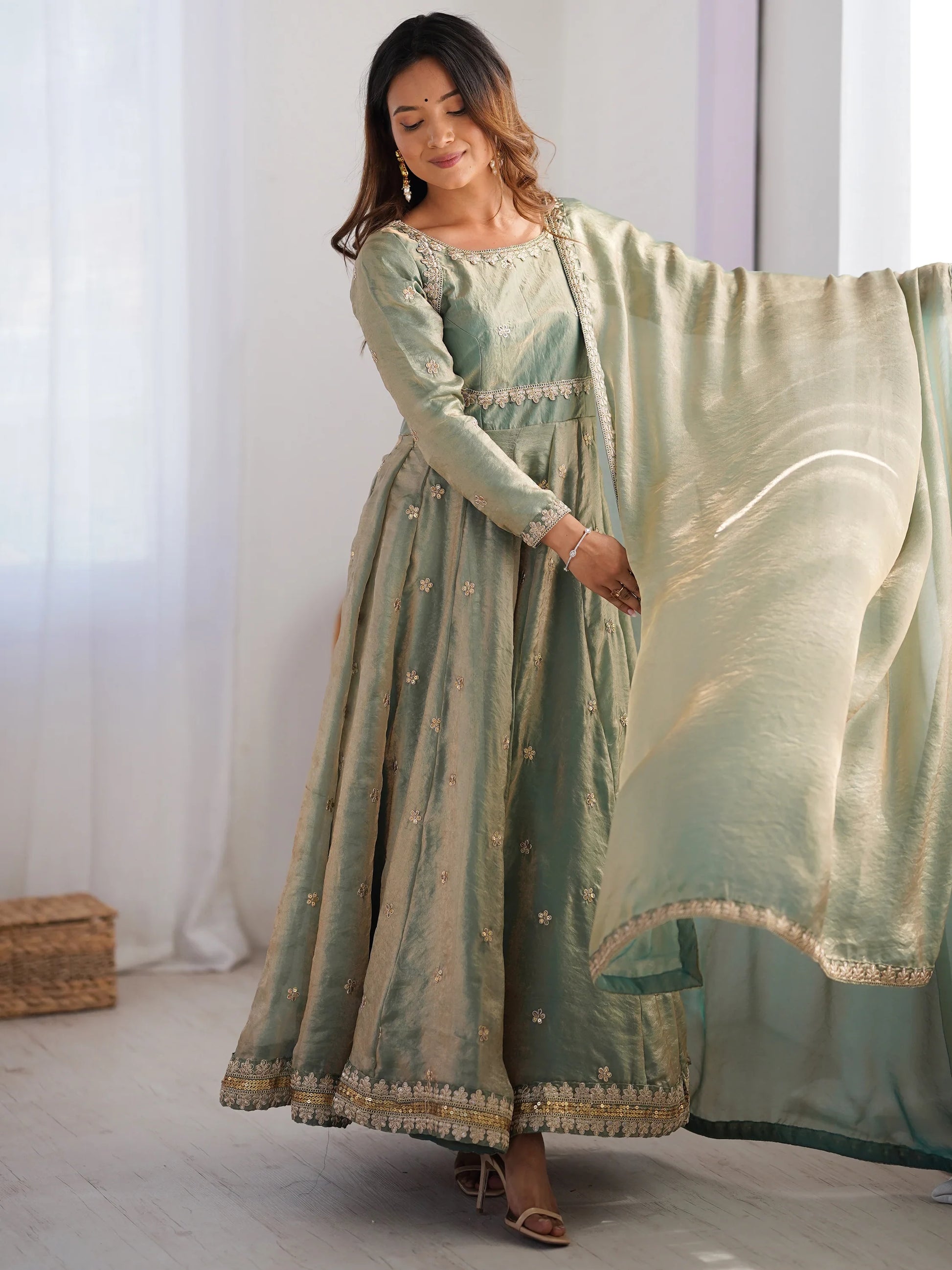 Spectacular Green Sequins Silk Traditional Gown With Dupatta - Zeel Clothing