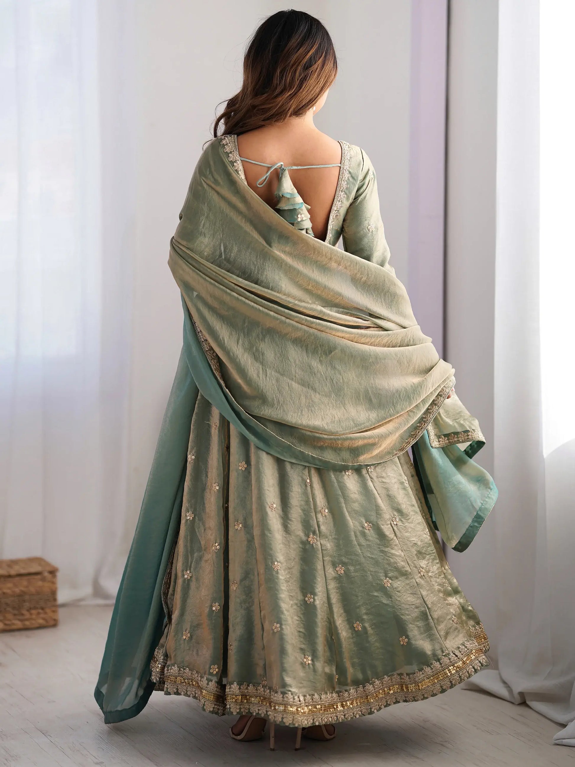 Spectacular Green Sequins Silk Traditional Gown With Dupatta - Zeel Clothing