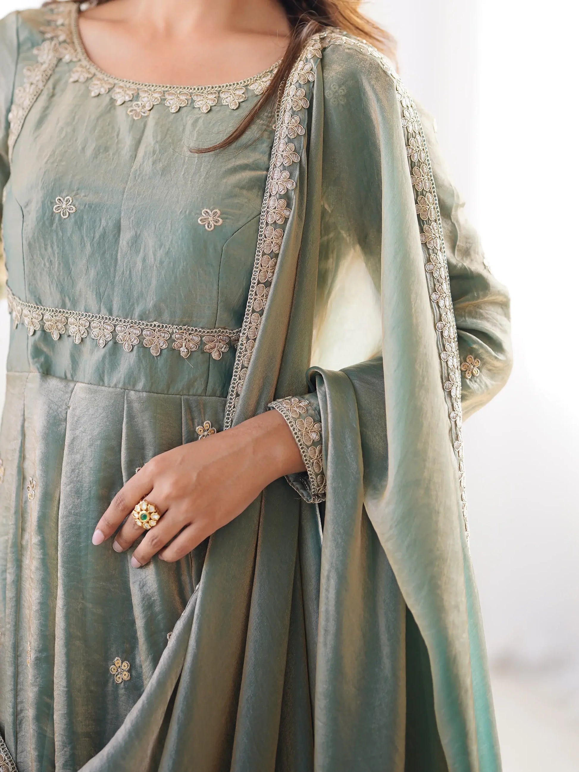 Spectacular Green Sequins Silk Traditional Gown With Dupatta - Zeel Clothing