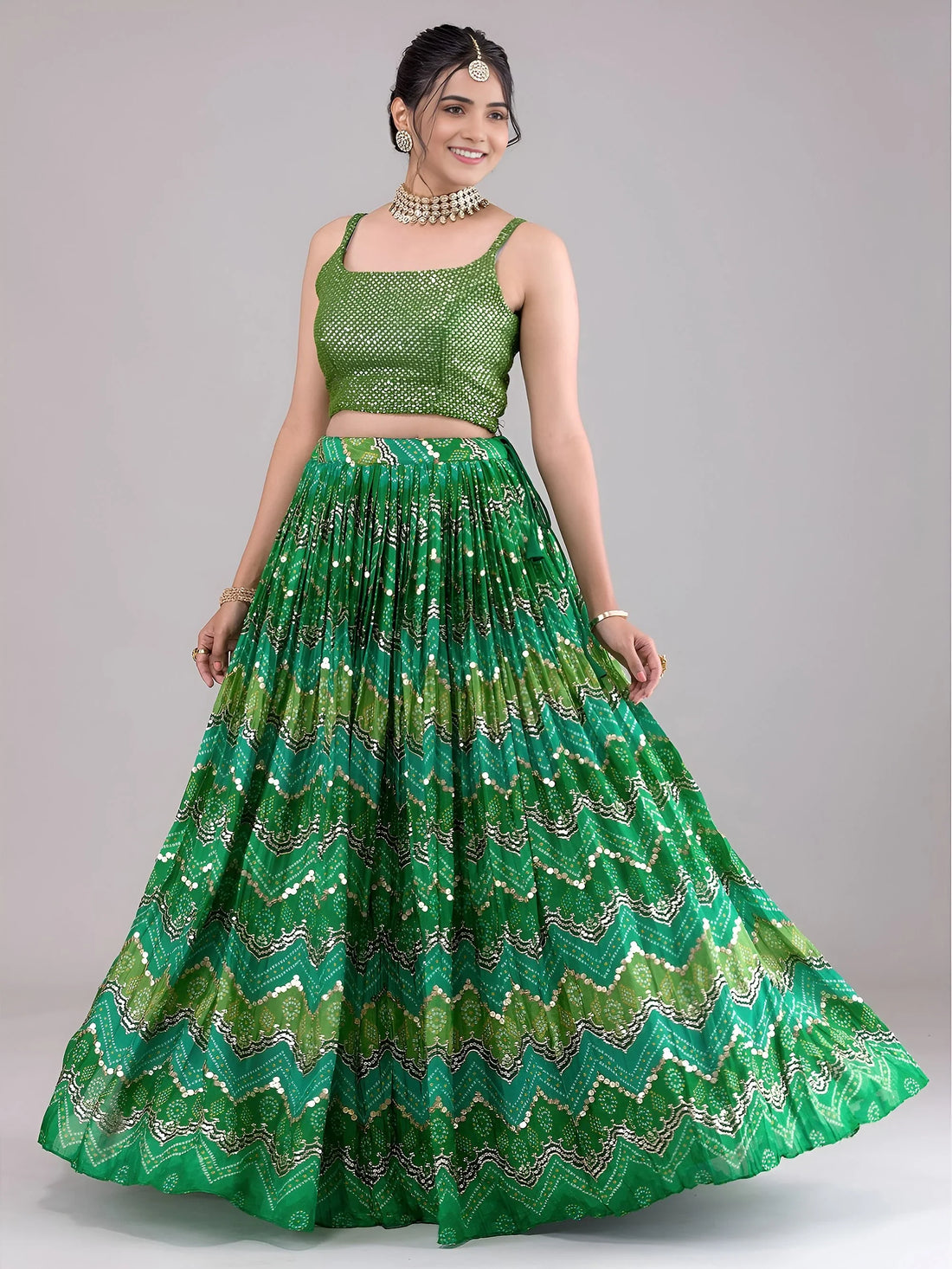 Spectacular Green Sequins Work Georgette Mehendi Wear Lehenga Choli