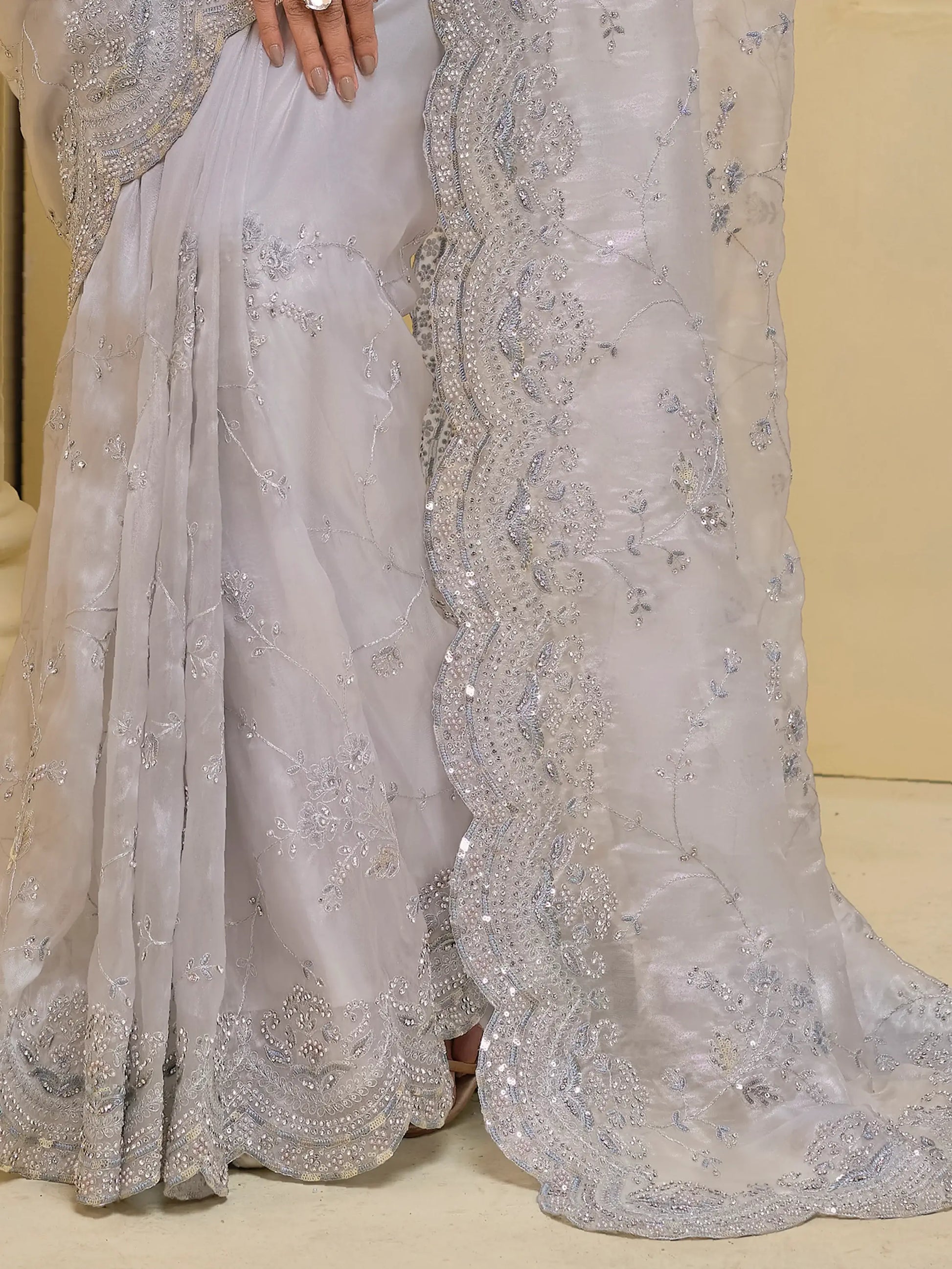 Spectacular Grey Stone Work Organza Reception Wear Saree With Blouse - Zeel Clothing