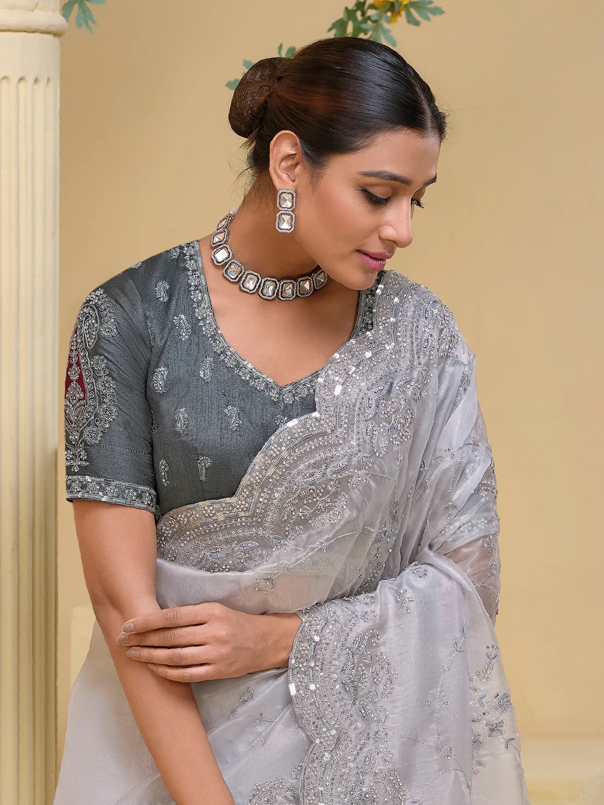 Spectacular Grey Stone Work Organza Reception Wear Saree With Blouse - Zeel Clothing