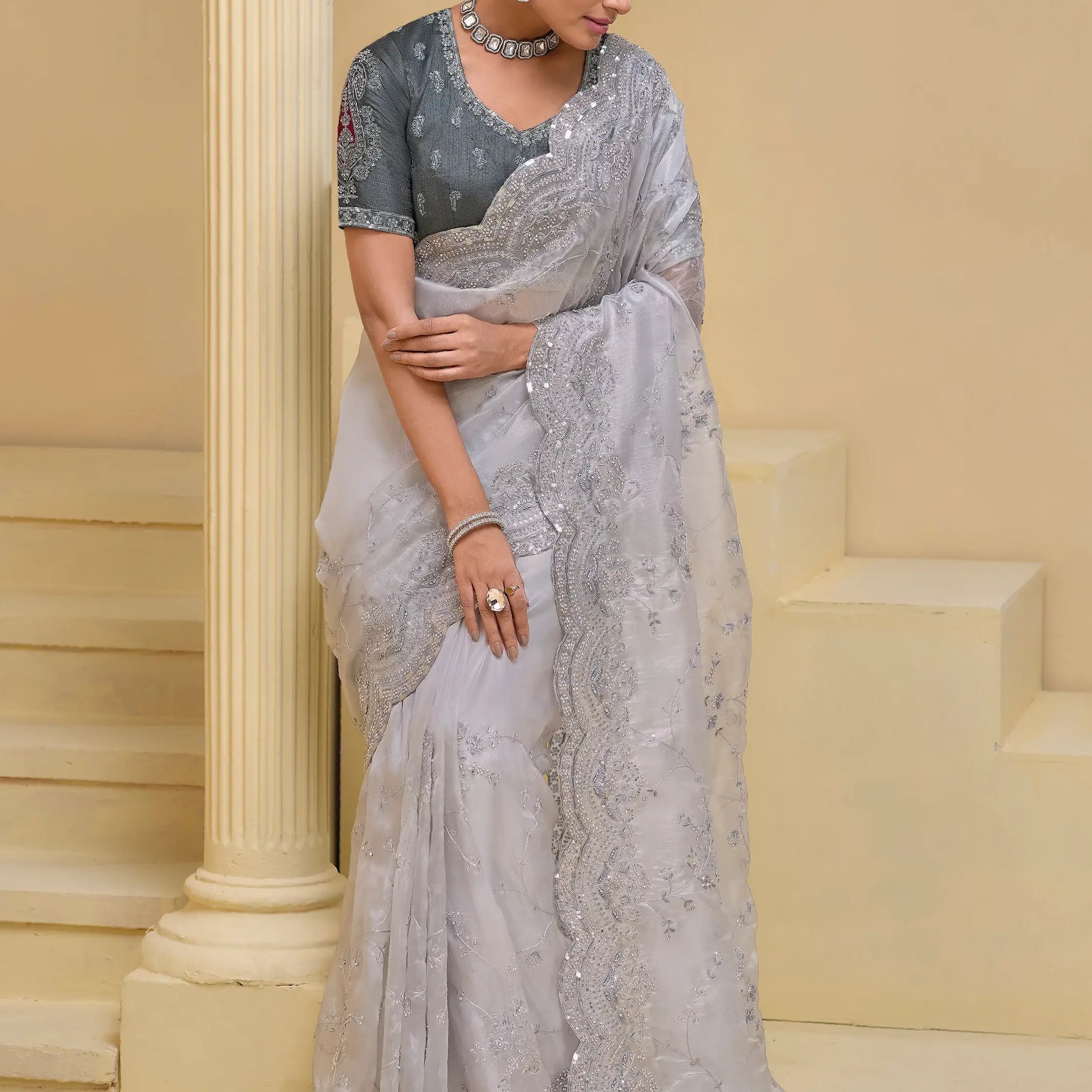 Spectacular Grey Stone Work Organza Reception Wear Saree With Blouse - Zeel Clothing