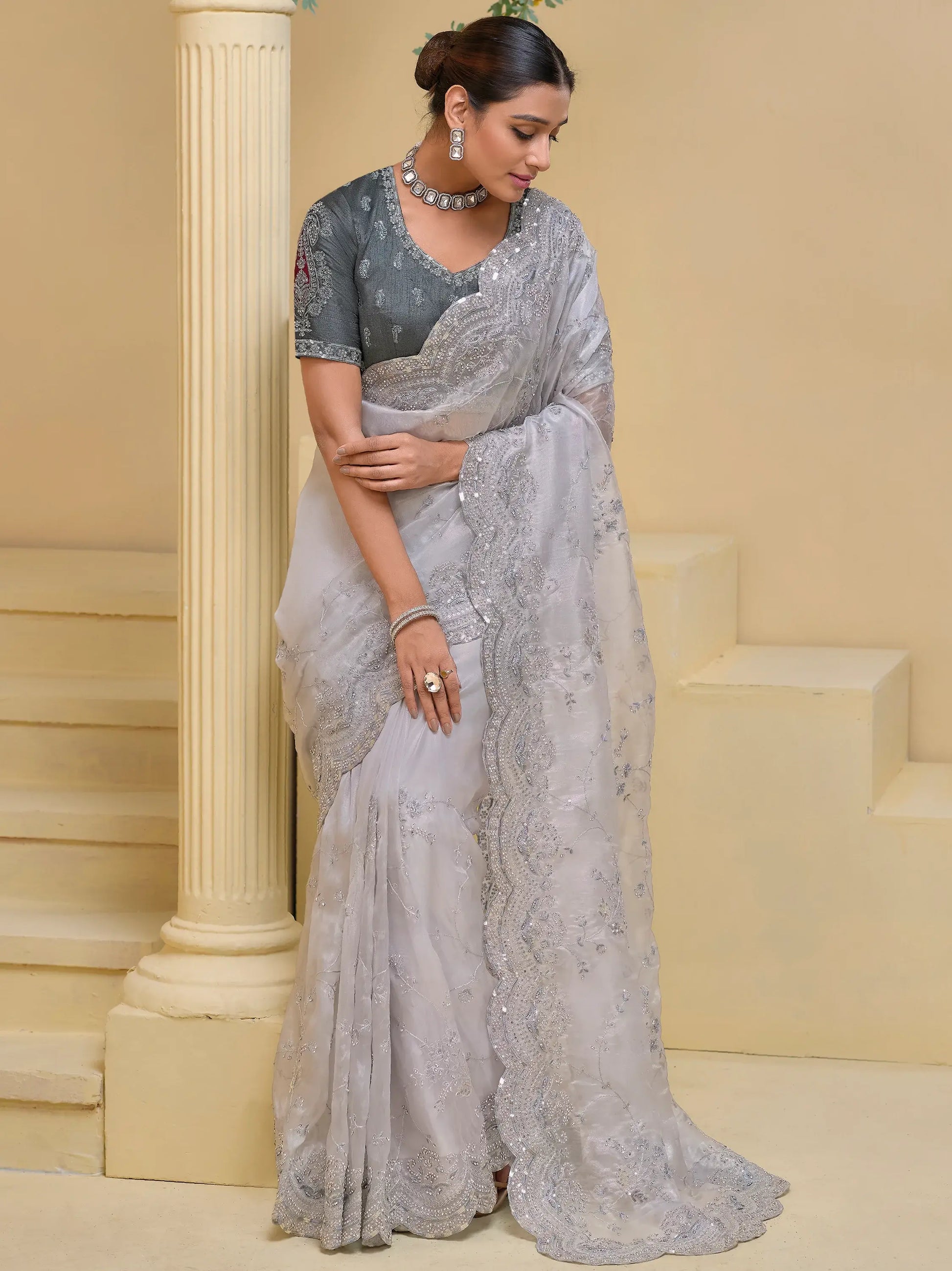 Spectacular Grey Stone Work Organza Reception Wear Saree With Blouse - Zeel Clothing