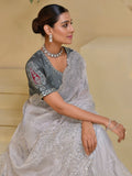 Spectacular Grey Stone Work Organza Reception Wear Saree With Blouse - Zeel Clothing