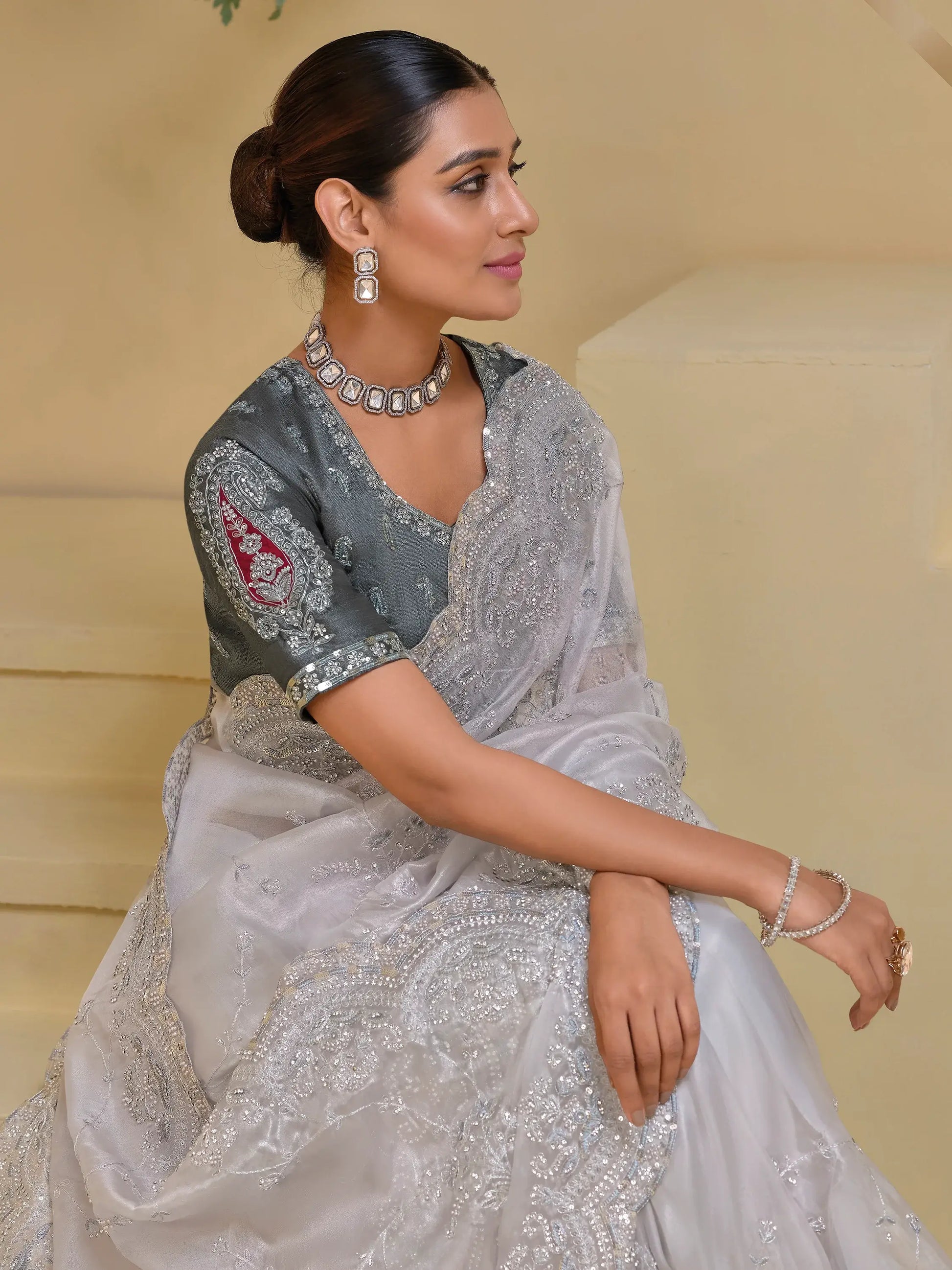 Spectacular Grey Stone Work Organza Reception Wear Saree With Blouse - Zeel Clothing