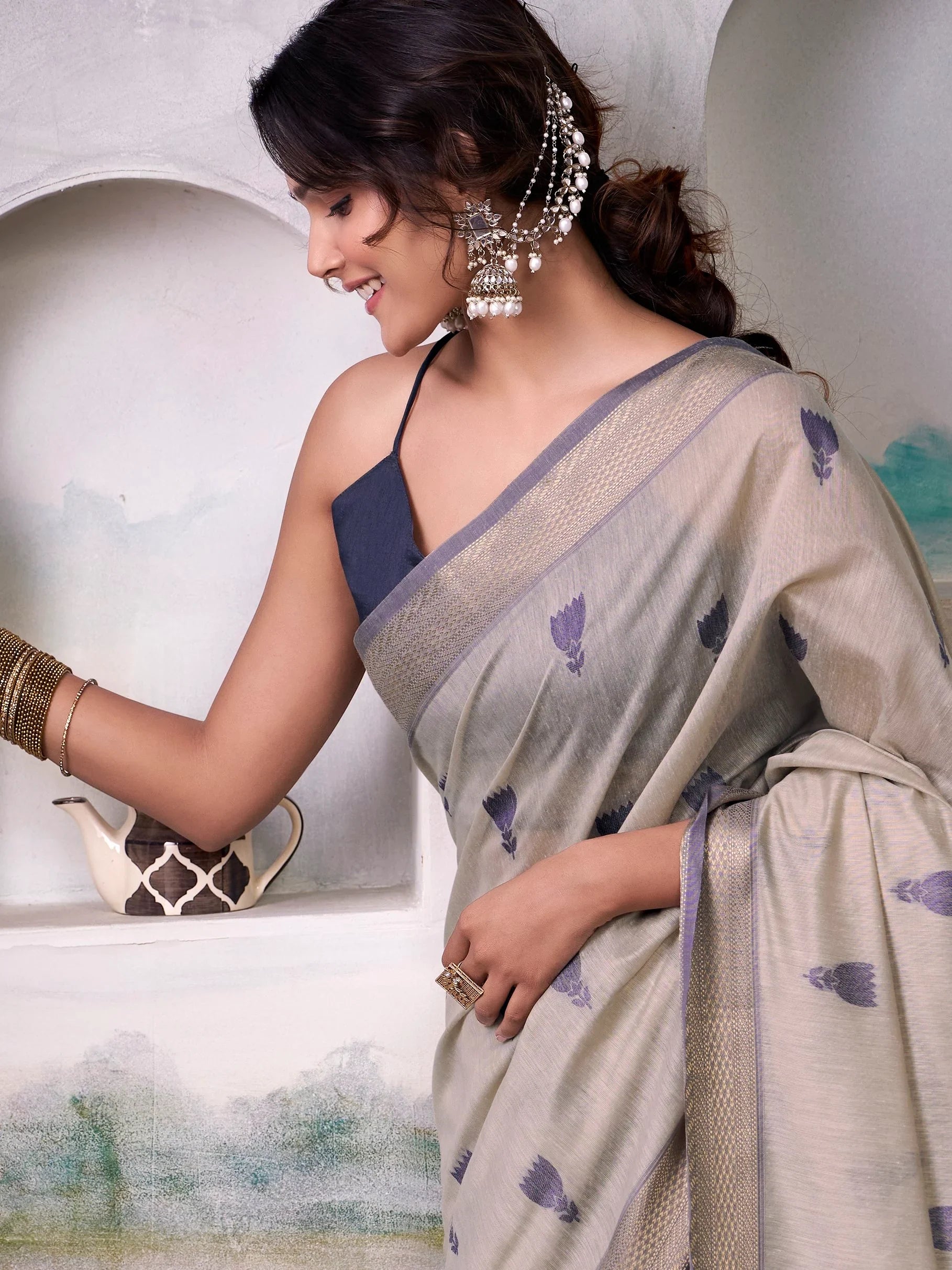 Spectacular Grey Zari Weaving Cotton Traditional Saree With Blouse - Zeel Clothing