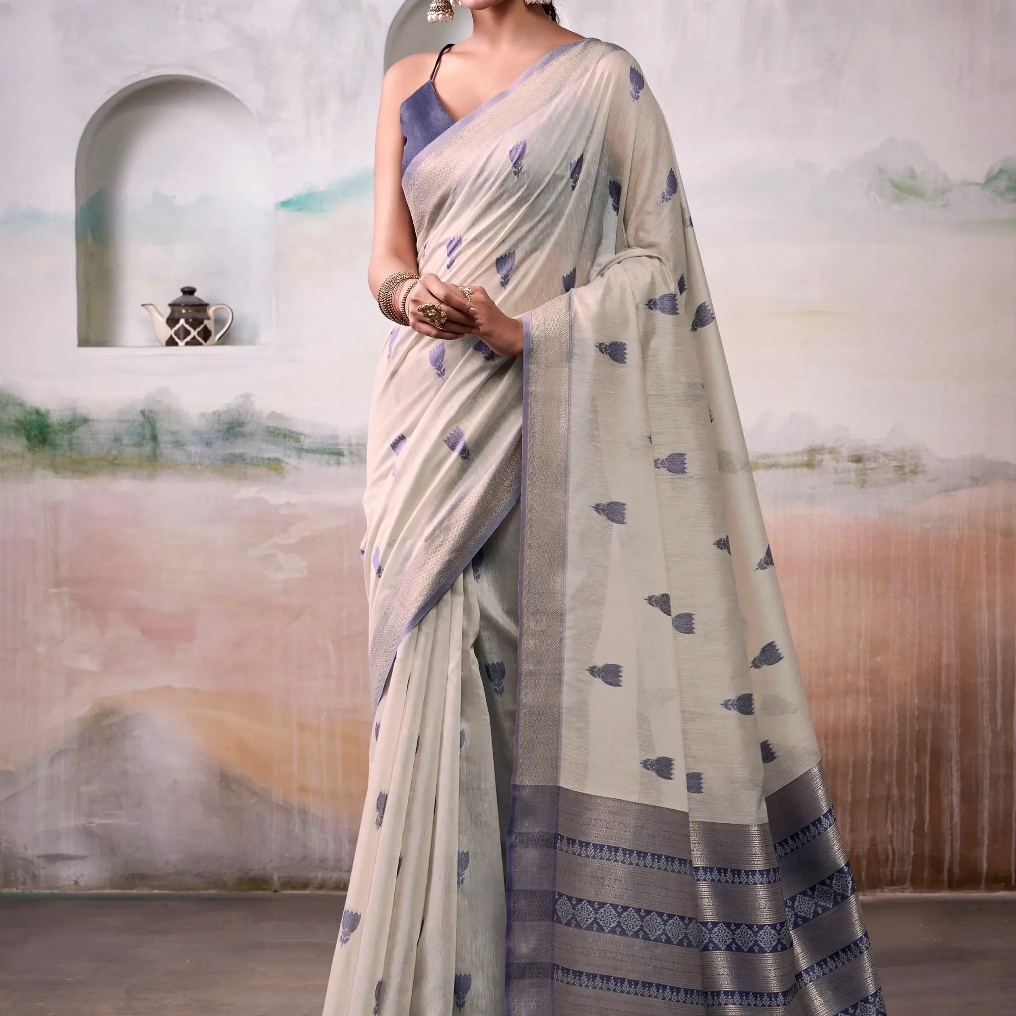 Spectacular Grey Zari Weaving Cotton Traditional Saree With Blouse - Zeel Clothing