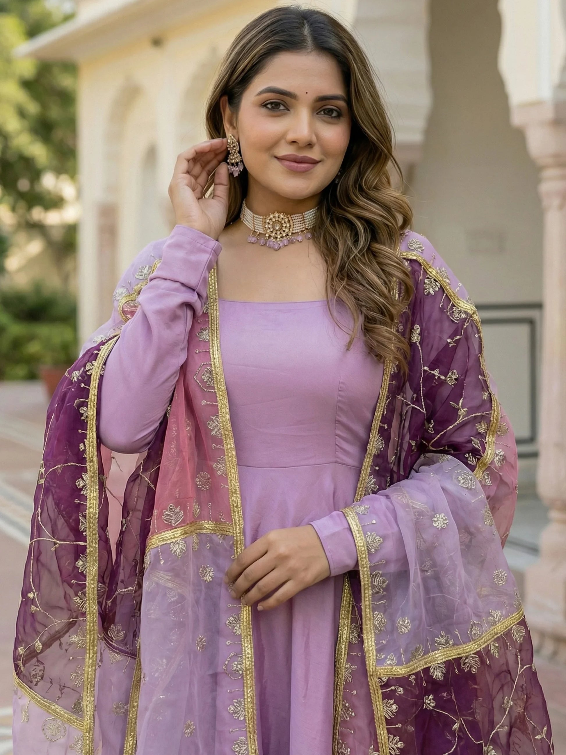 Spectacular Lavender Silk Evening Wear Palazzo Suit With Embroidered Dupatta