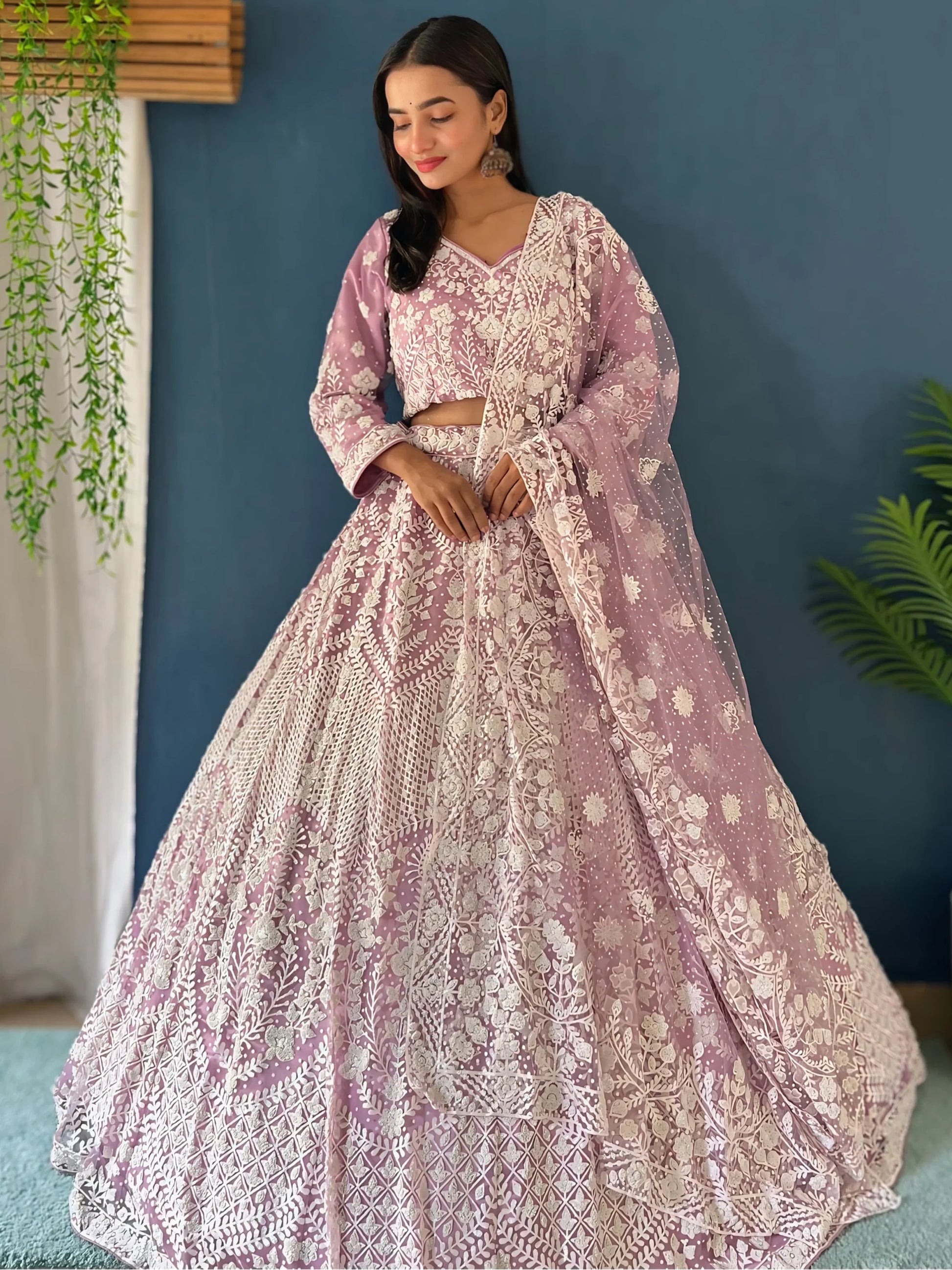 Spectacular Lilac Pearl Work Net Bridesmaid Lehenga Choli With Dupatta - Zeel Clothing
