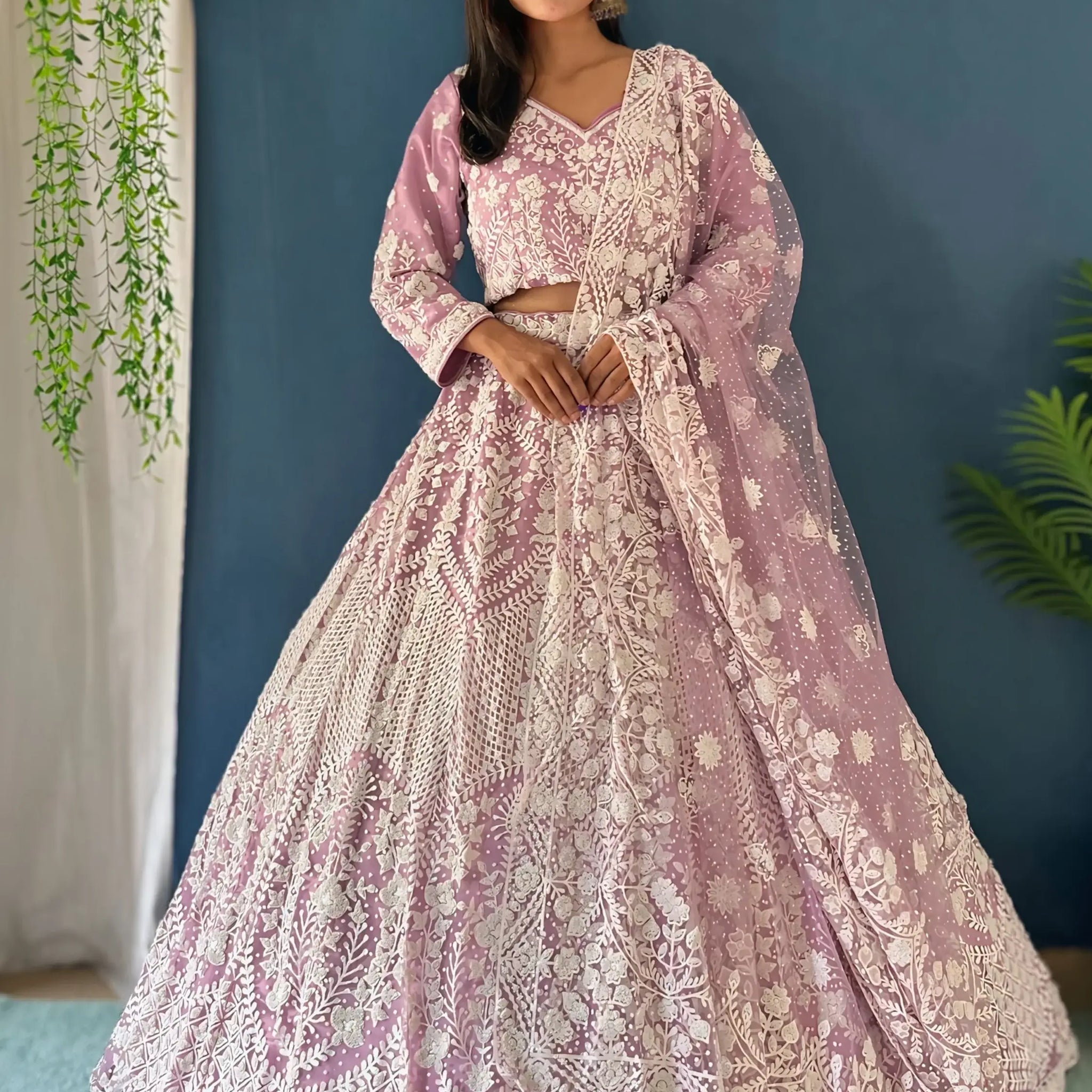 Spectacular Lilac Pearl Work Net Bridesmaid Lehenga Choli With Dupatta - Zeel Clothing