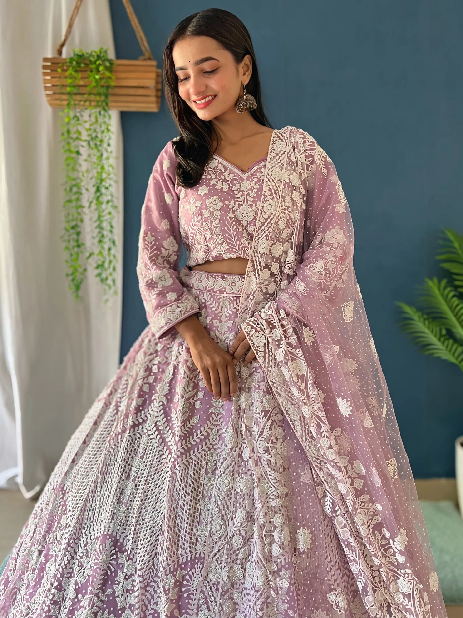 Spectacular Lilac Pearl Work Net Bridesmaid Lehenga Choli With Dupatta - Zeel Clothing
