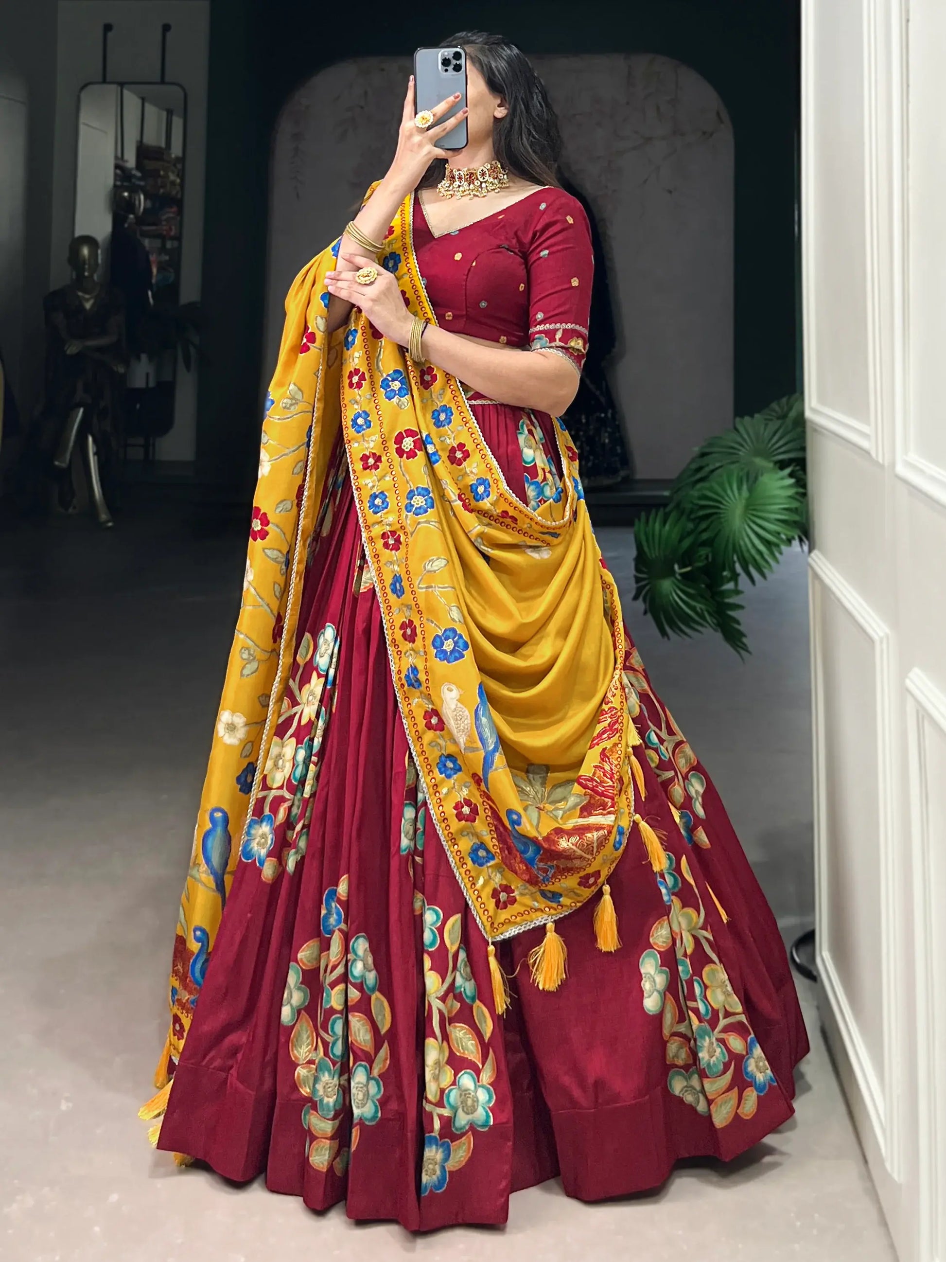 Spectacular Maroon Foil Work Tussar Silk Lehenga Choli With Dupatta - Zeel Clothing