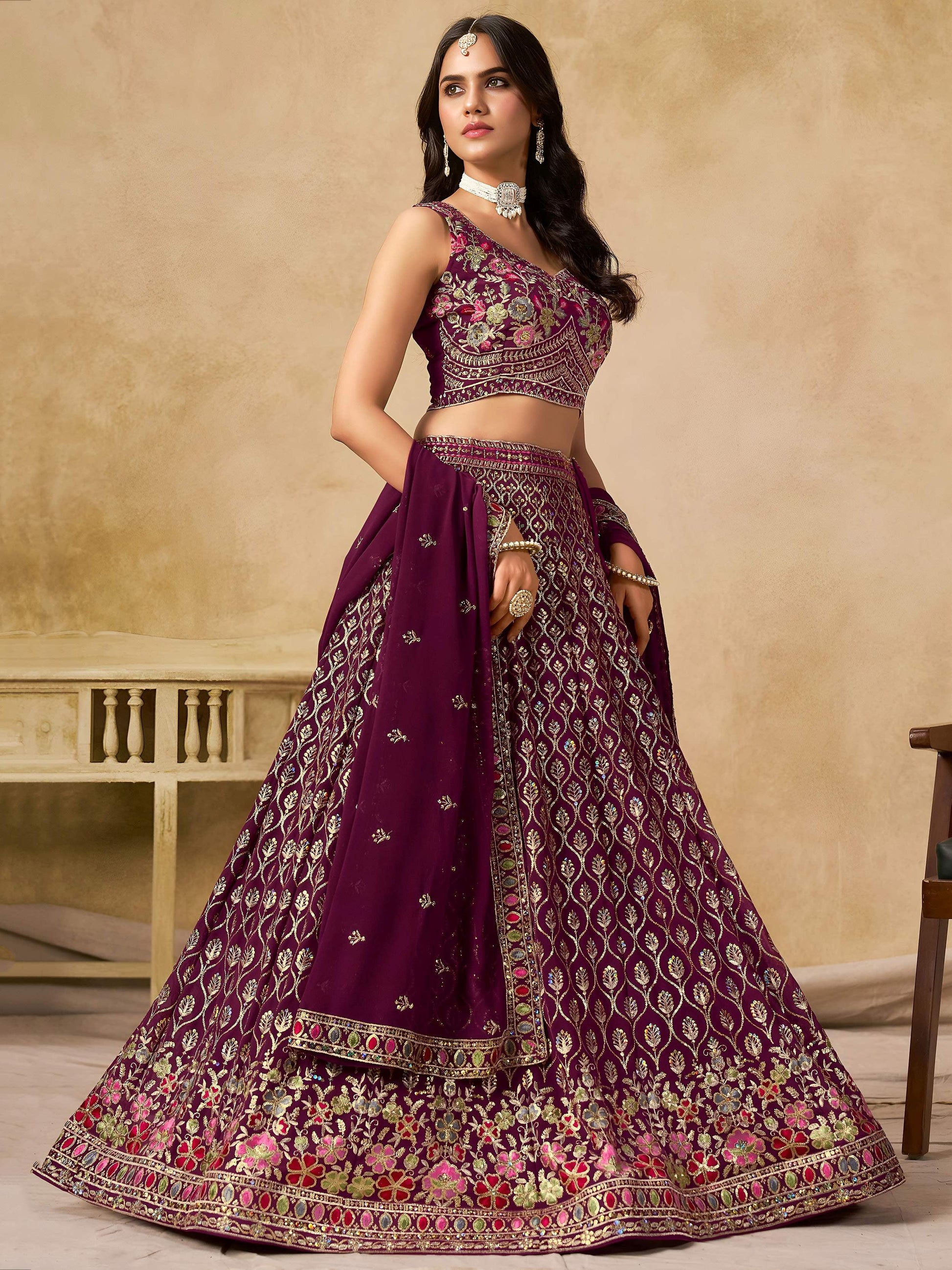 Spectacular Maroon Sequins Embroidery Georgette Wedding Wear Lehenga Choli