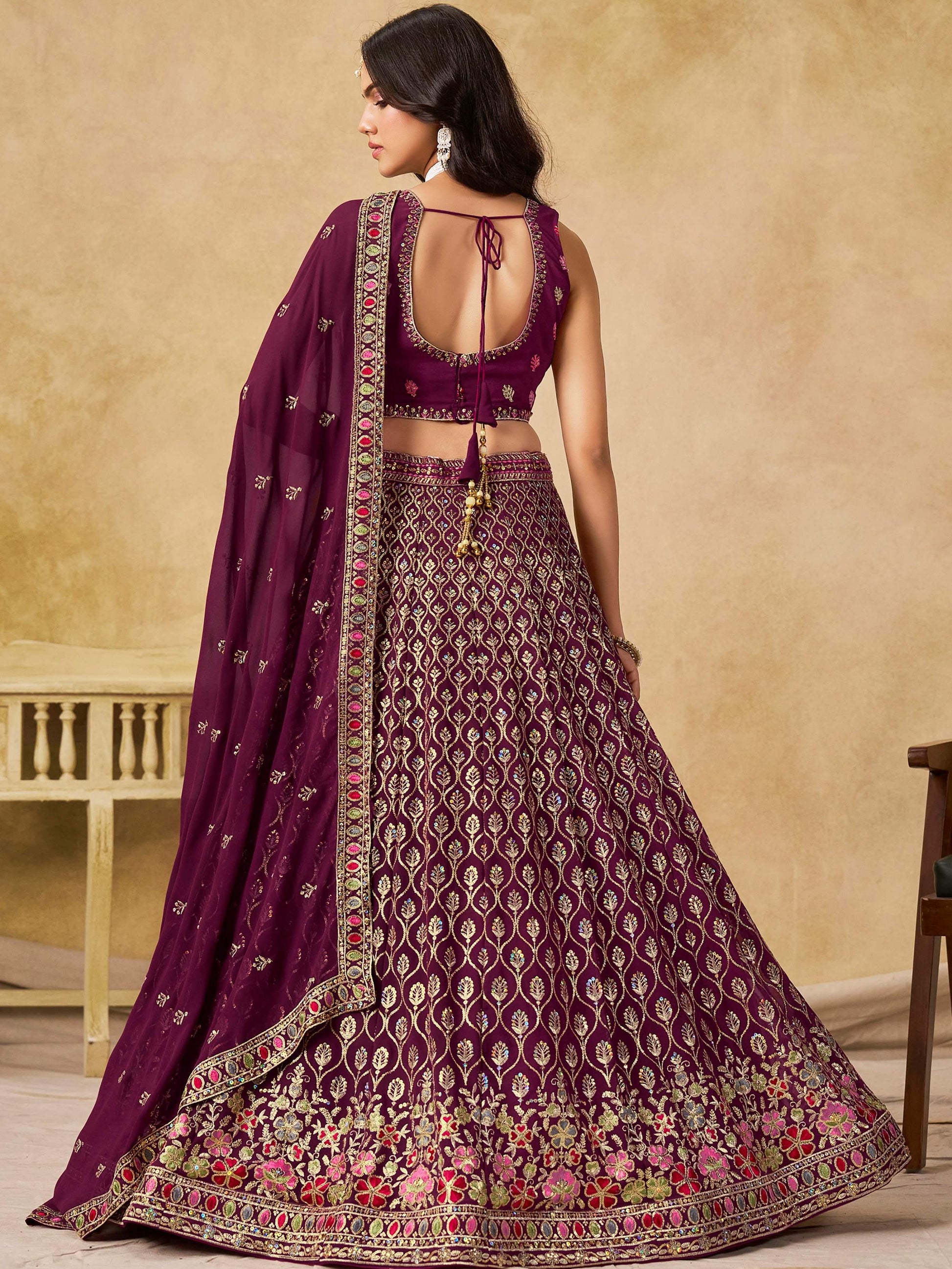 Spectacular Maroon Sequins Embroidery Georgette Wedding Wear Lehenga Choli
