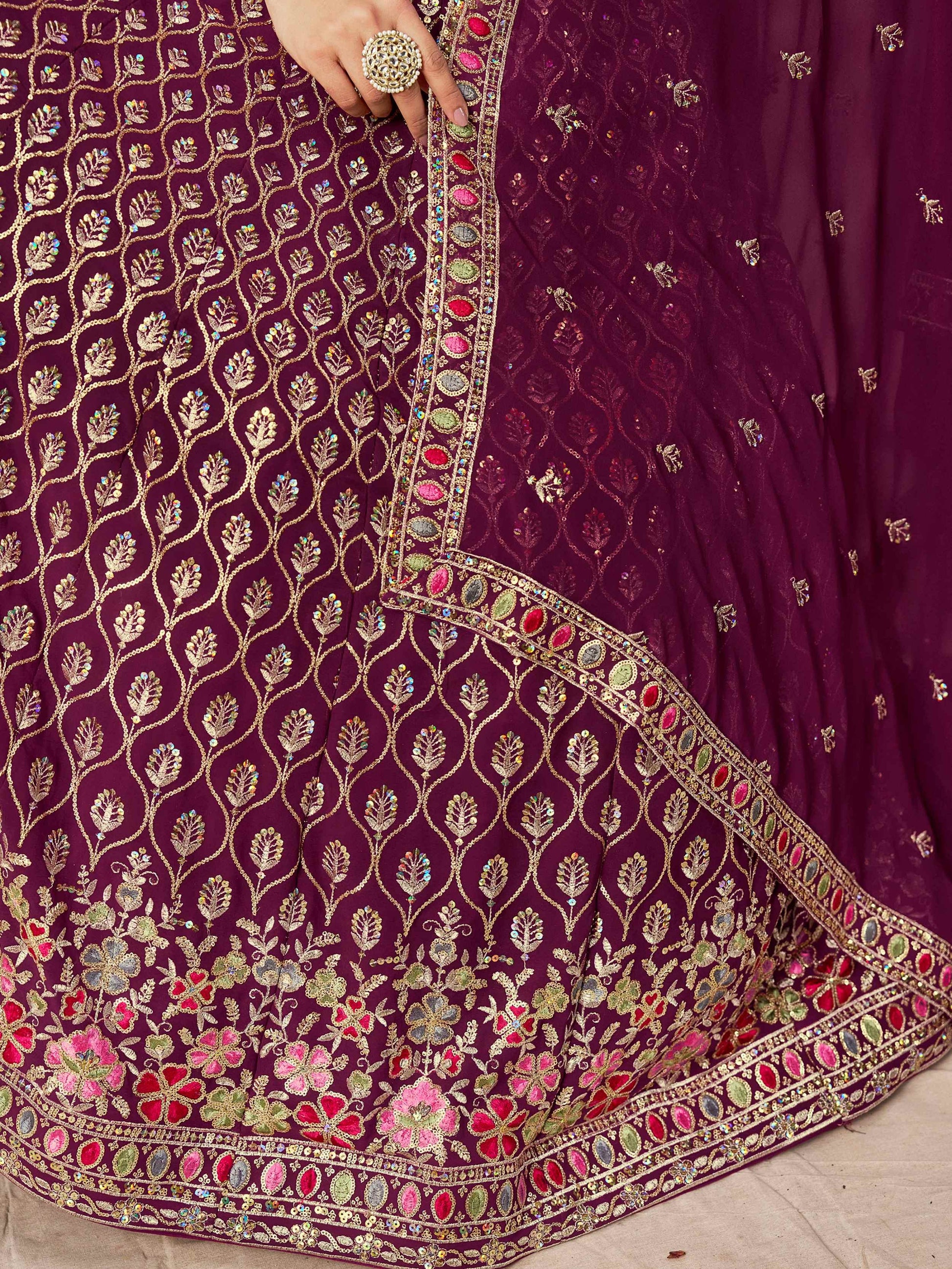 Spectacular Maroon Sequins Embroidery Georgette Wedding Wear Lehenga Choli