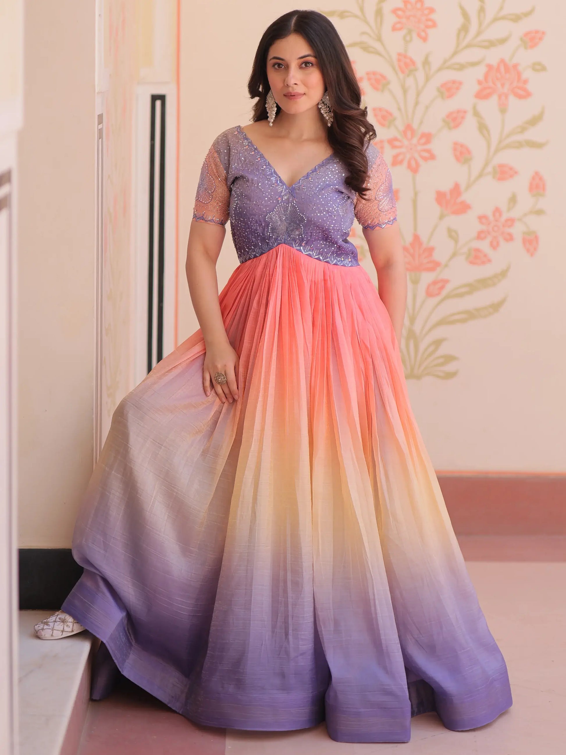 Spectacular Multi-Color Pearl Work Organza Event Wear Gown - Zeel Clothing