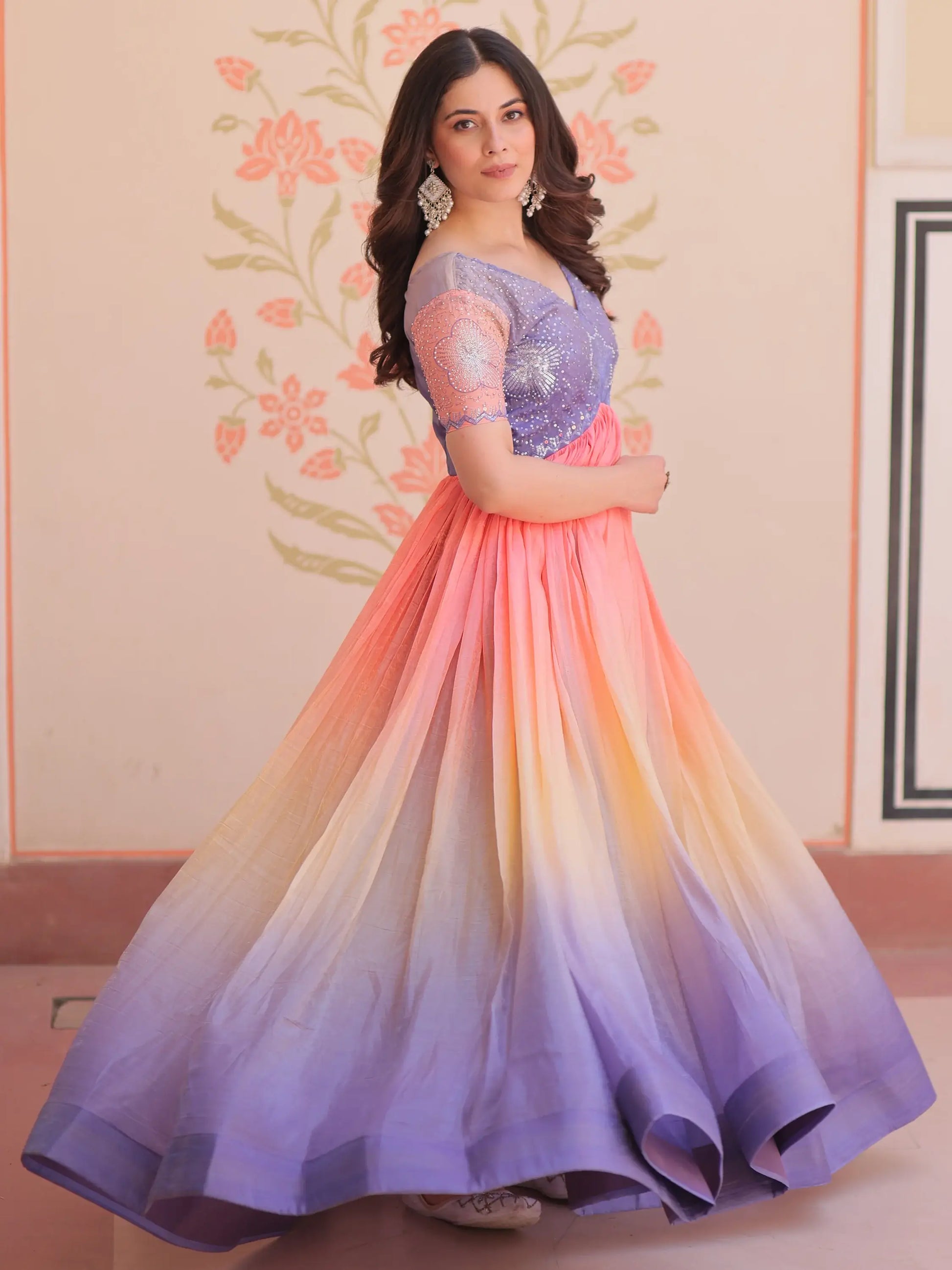 Spectacular Multi-Color Pearl Work Organza Event Wear Gown - Zeel Clothing
