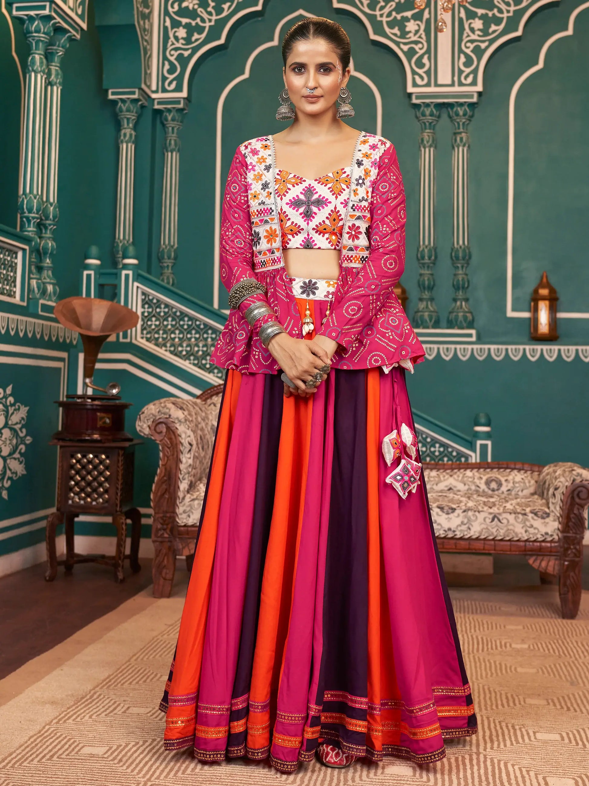 Spectacular Multi-Color Rayon Navratri Lehenga Choli With Jacket - Zeel Clothing