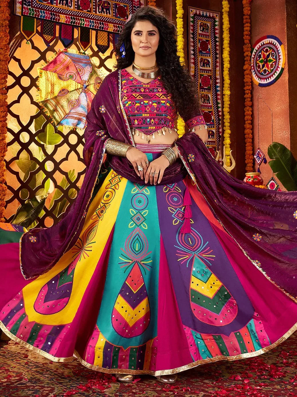 Spectacular Multi-Color Silk Lehenga With Multi Thread Work Choli And Dupatta - Zeel Clothing