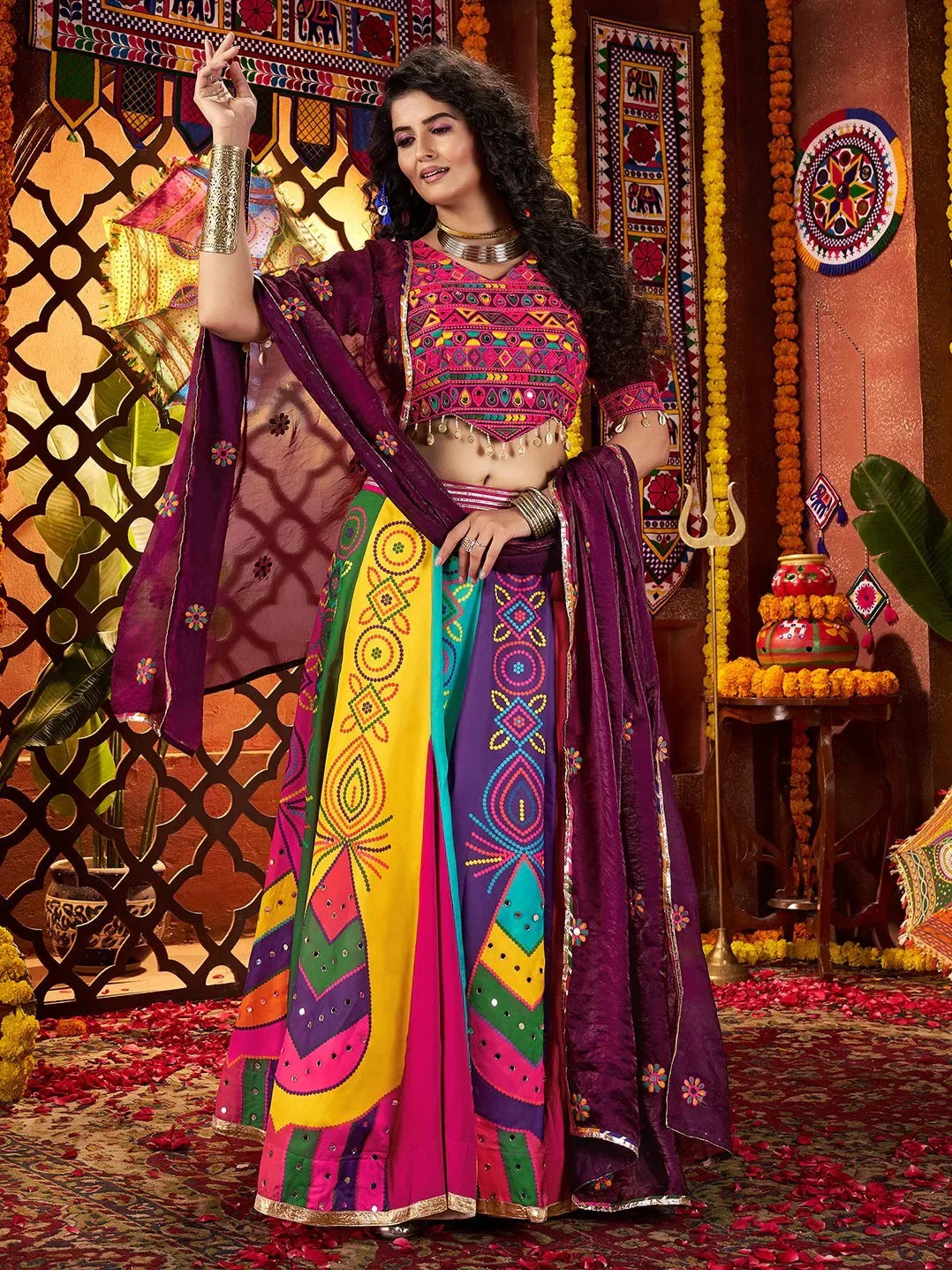 Spectacular Multi-Color Silk Lehenga With Multi Thread Work Choli And Dupatta - Zeel Clothing