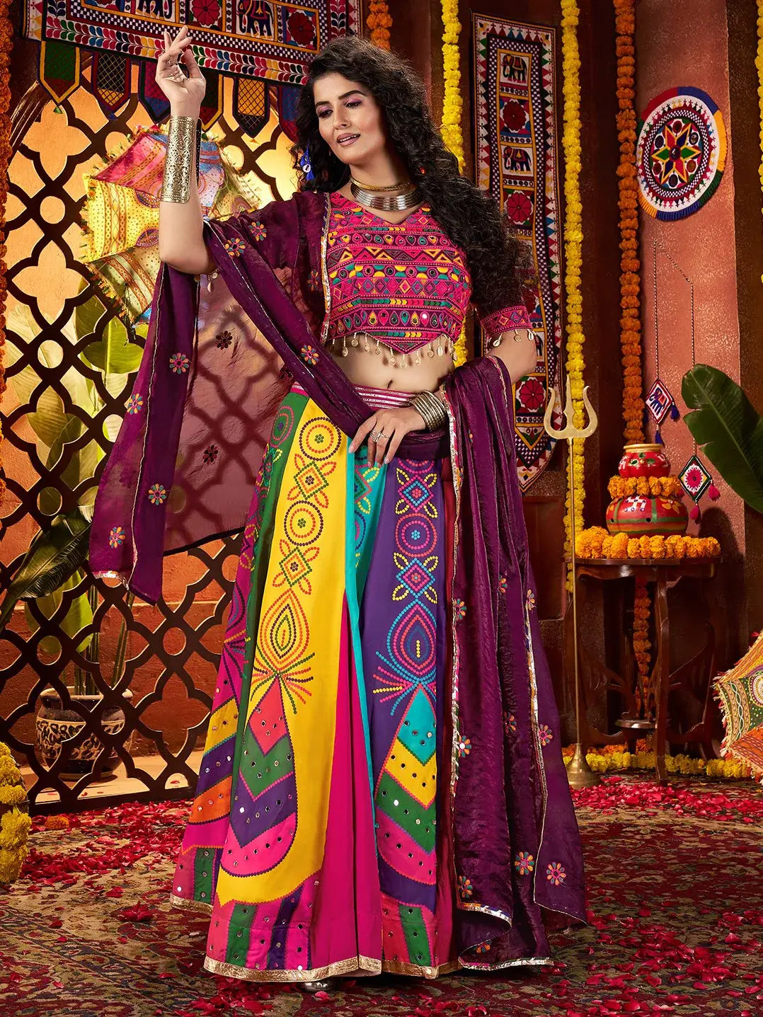Spectacular Multi-Color Silk Lehenga With Multi Thread Work Choli And Dupatta - Zeel Clothing