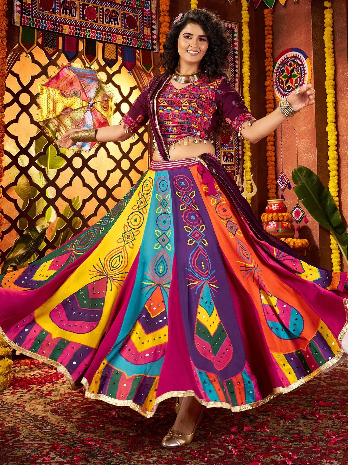 Spectacular Multi-Color Silk Lehenga With Multi Thread Work Choli And Dupatta - Zeel Clothing