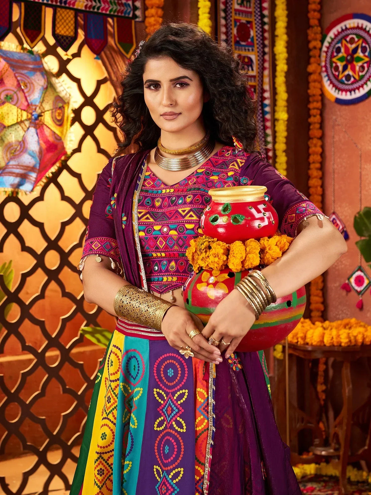 Spectacular Multi-Color Silk Lehenga With Multi Thread Work Choli And Dupatta - Zeel Clothing