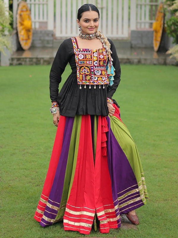 Spectacular Muti-Color Rayon Navratri Wear Lehenga With Gamthi Work Peplum Top - Zeel Clothing