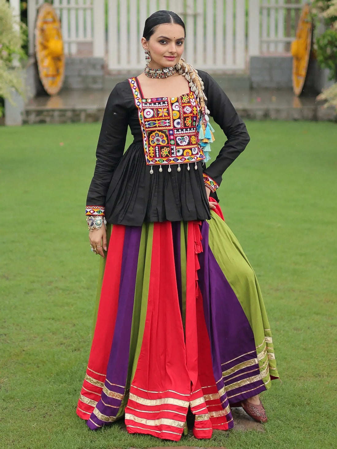 Spectacular Muti-Color Rayon Navratri Wear Lehenga With Gamthi Work Peplum Top - Zeel Clothing