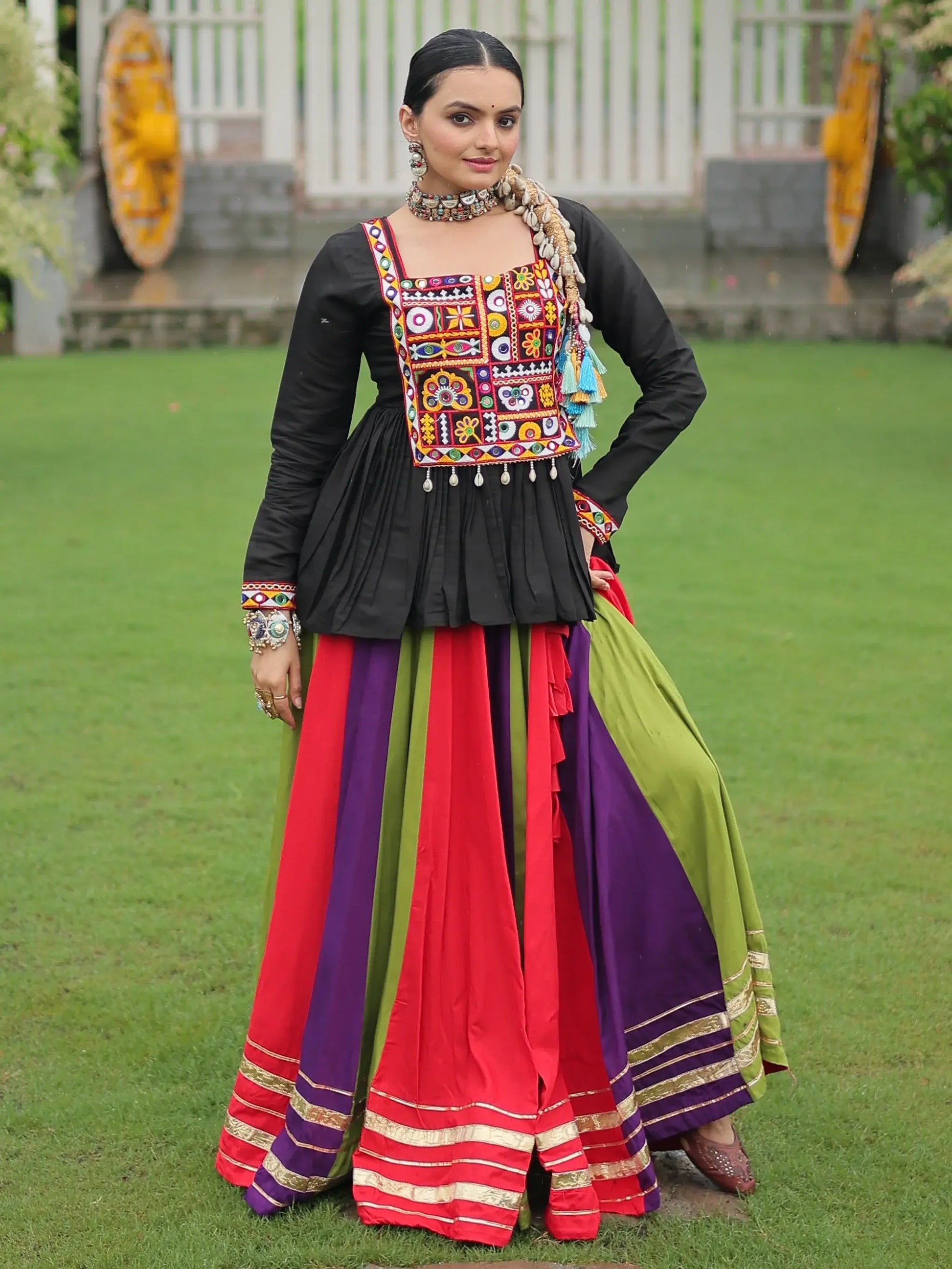 Spectacular Muti-Color Rayon Navratri Wear Lehenga With Gamthi Work Peplum Top - Zeel Clothing