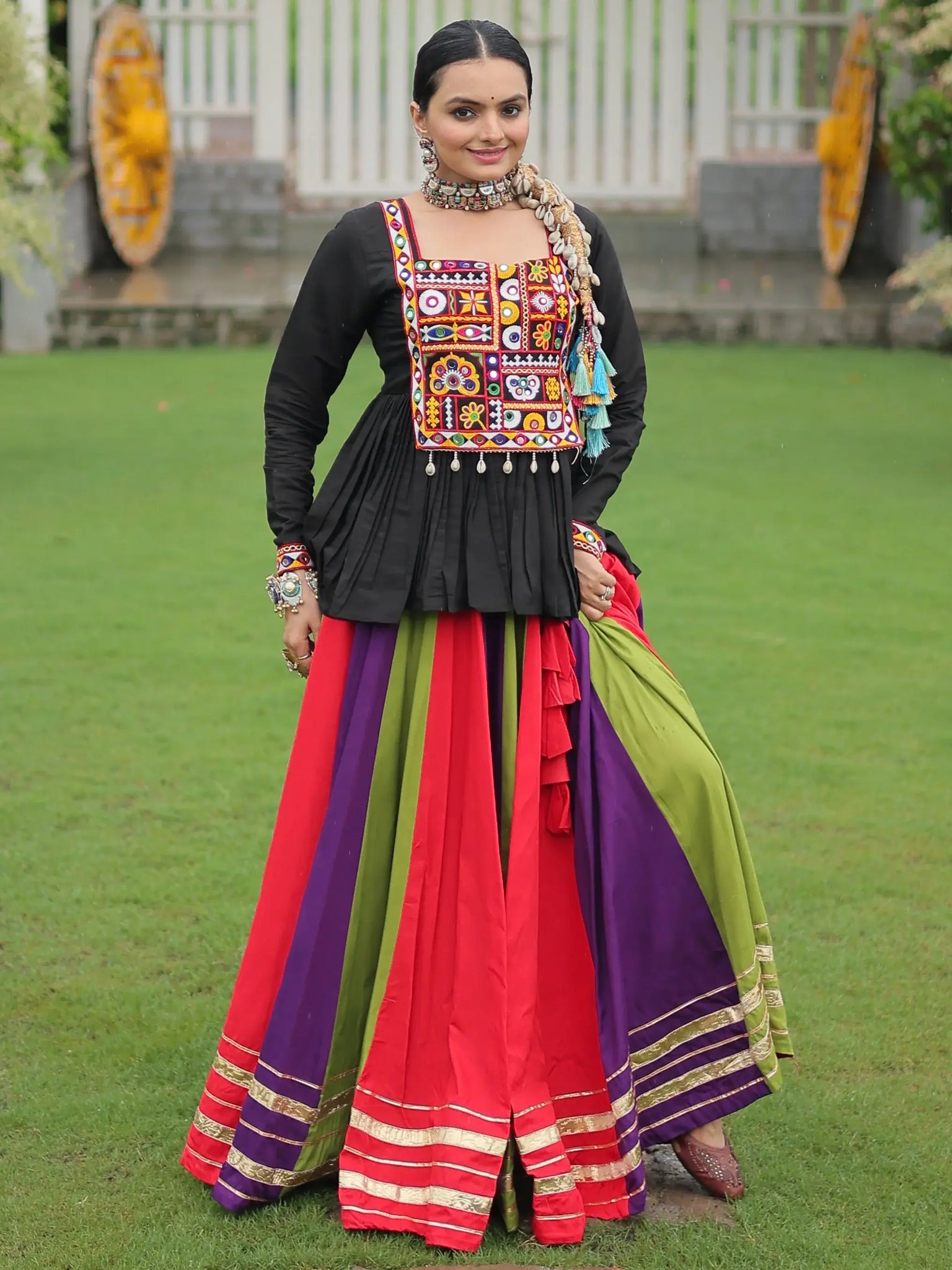 Spectacular Muti-Color Rayon Navratri Wear Lehenga With Gamthi Work Peplum Top - Zeel Clothing