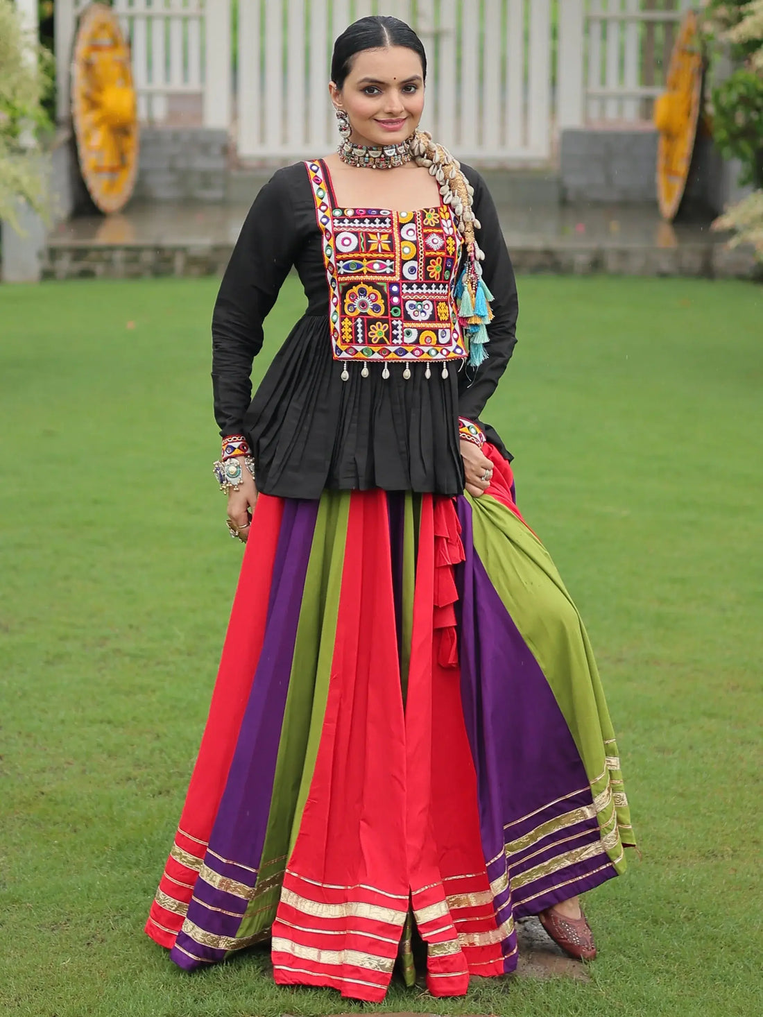 Spectacular Muti-Color Rayon Navratri Wear Lehenga With Gamthi Work Peplum Top - Zeel Clothing