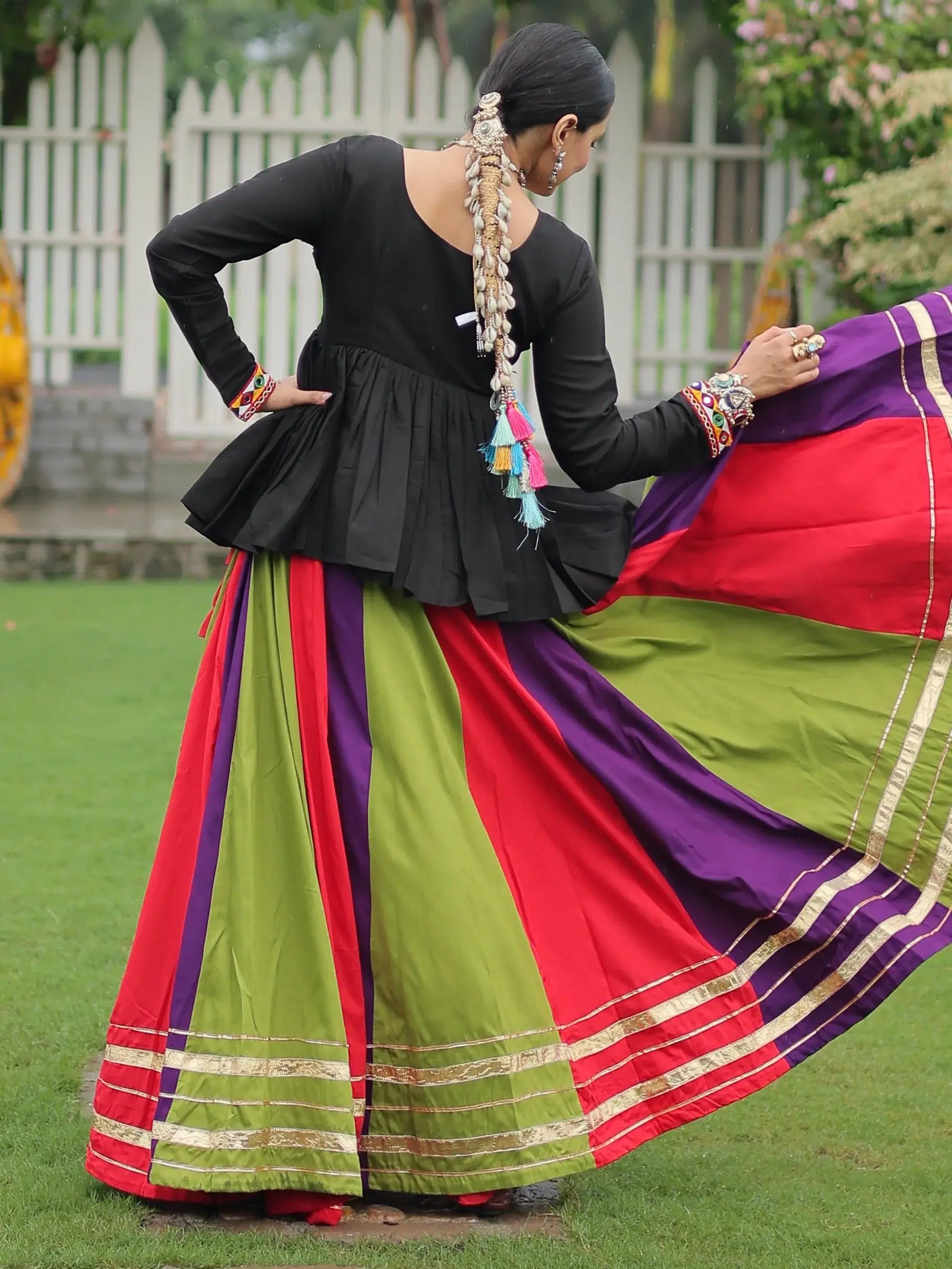Spectacular Muti-Color Rayon Navratri Wear Lehenga With Gamthi Work Peplum Top - Zeel Clothing