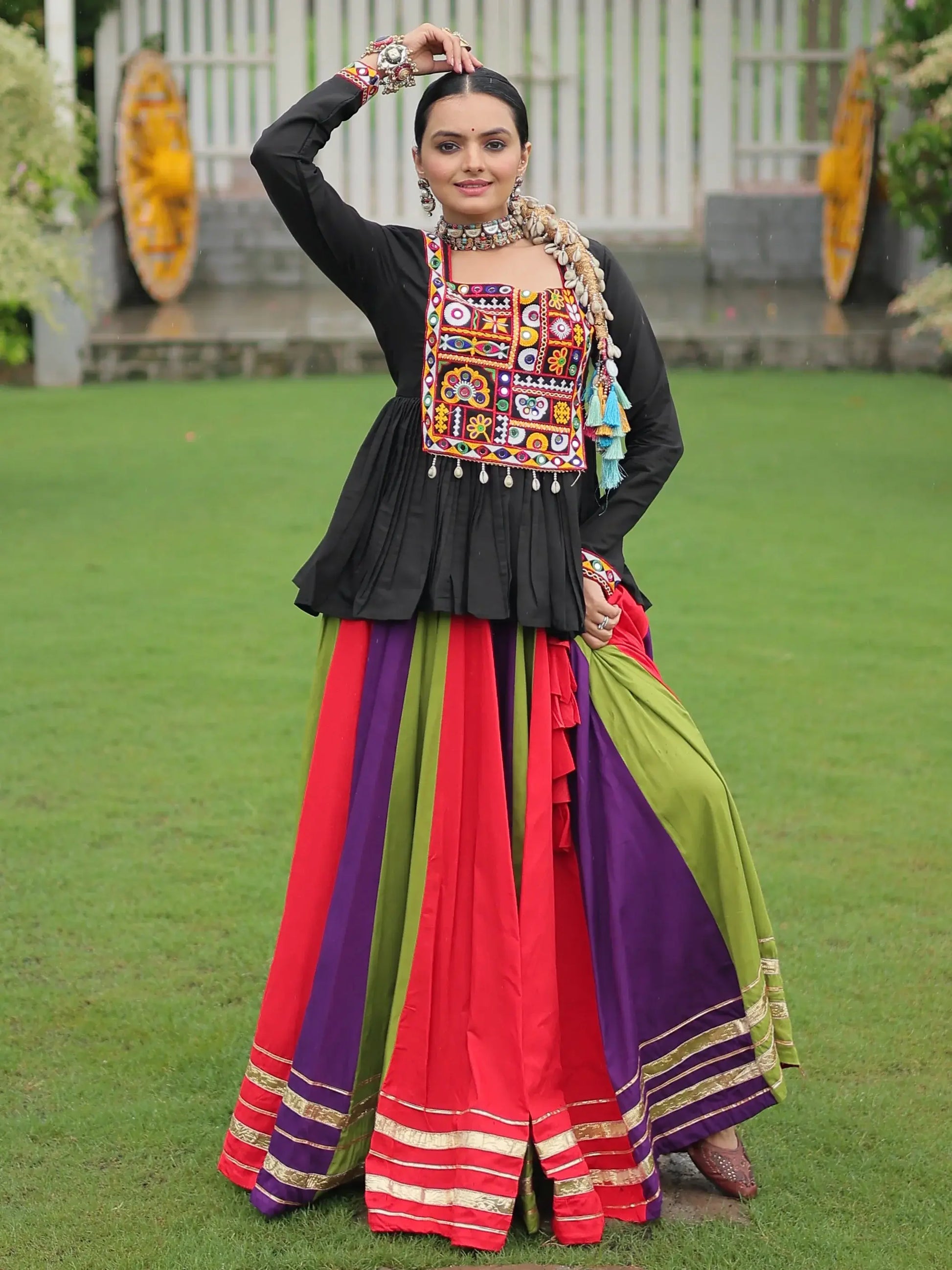 Spectacular Muti-Color Rayon Navratri Wear Lehenga With Gamthi Work Peplum Top - Zeel Clothing