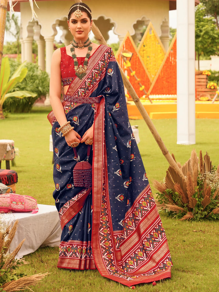 Spectacular Navy-Blue Patola Printed Silk Wedding Wear Saree - Zeel Clothing