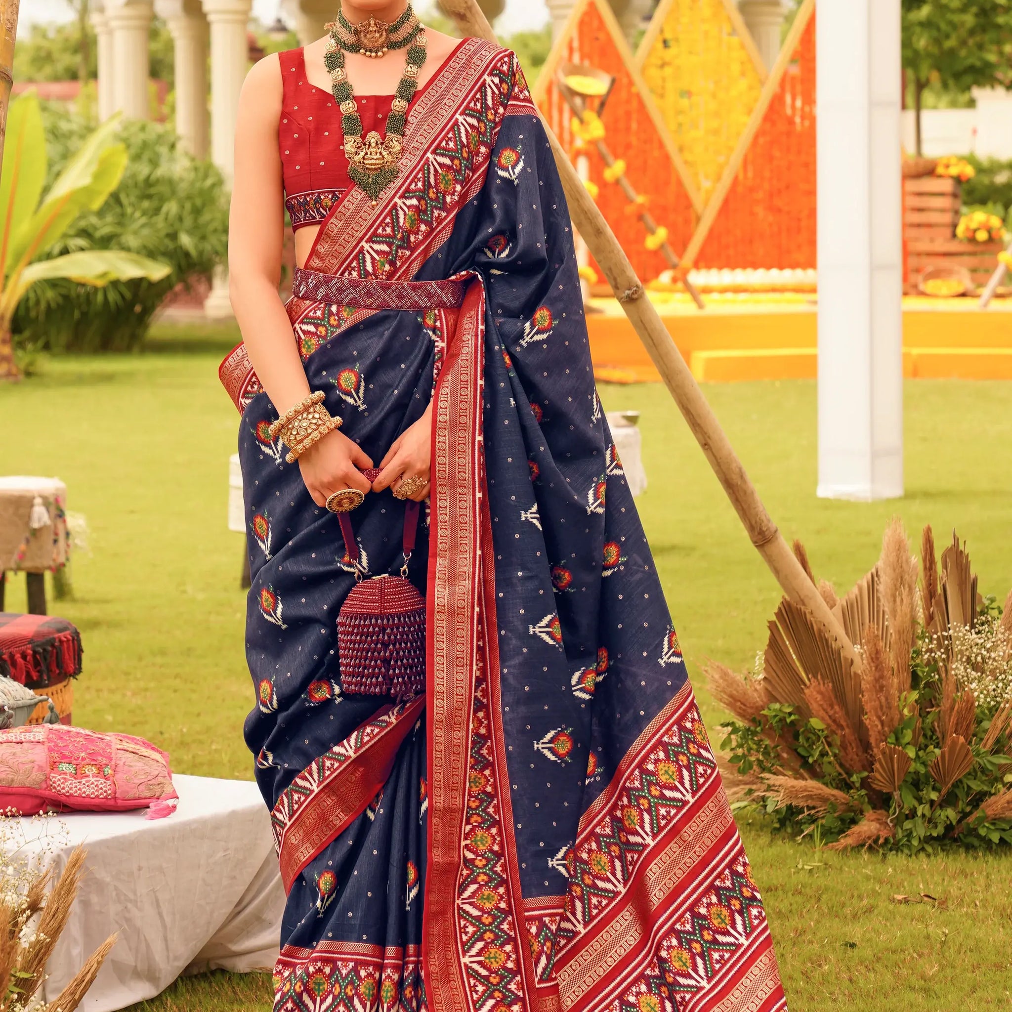 Spectacular Navy-Blue Patola Printed Silk Wedding Wear Saree - Zeel Clothing