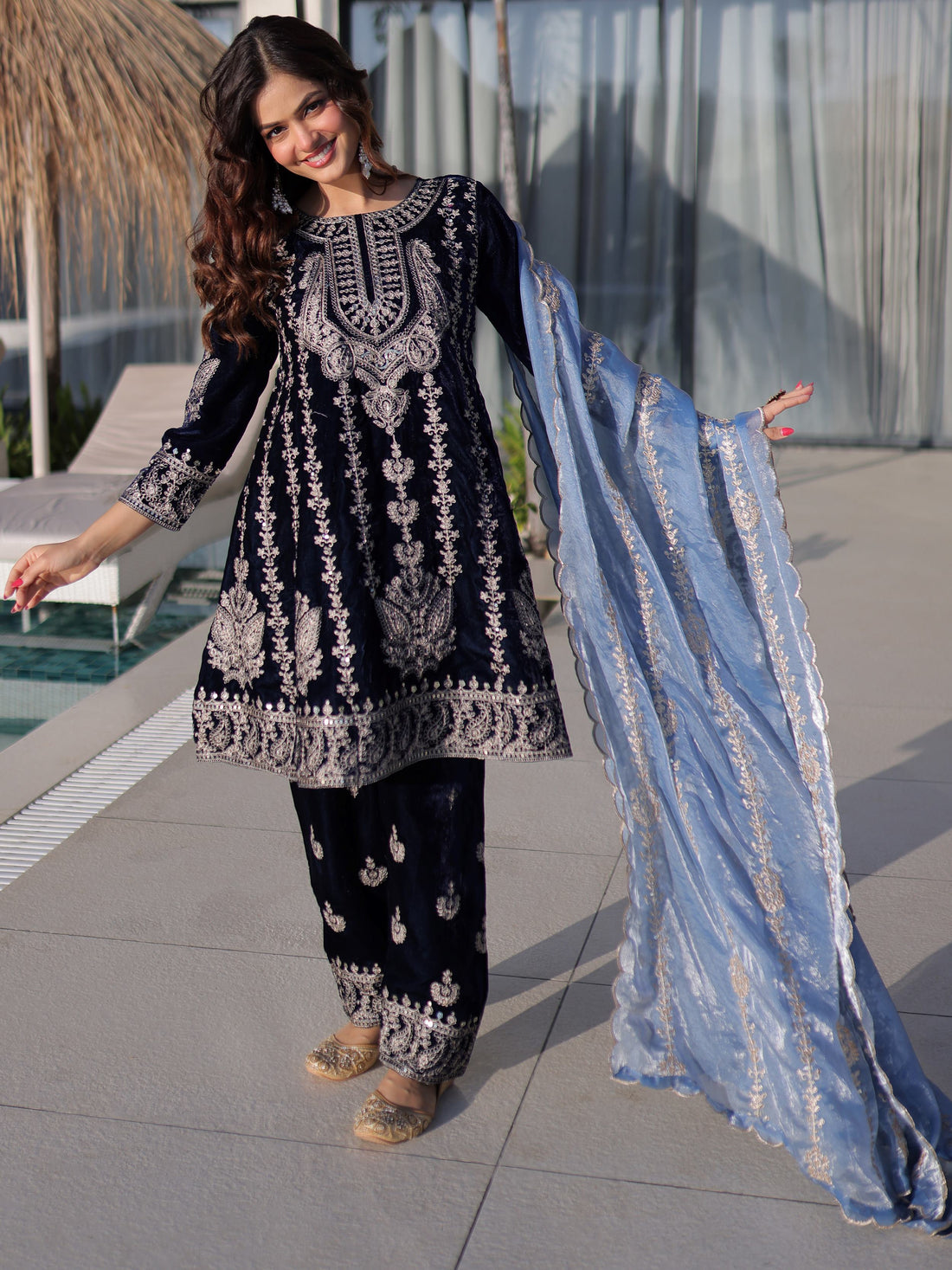 Spectacular Navy Blue Zari Embroidery Velvet Wedding Wear Salwar Kameez