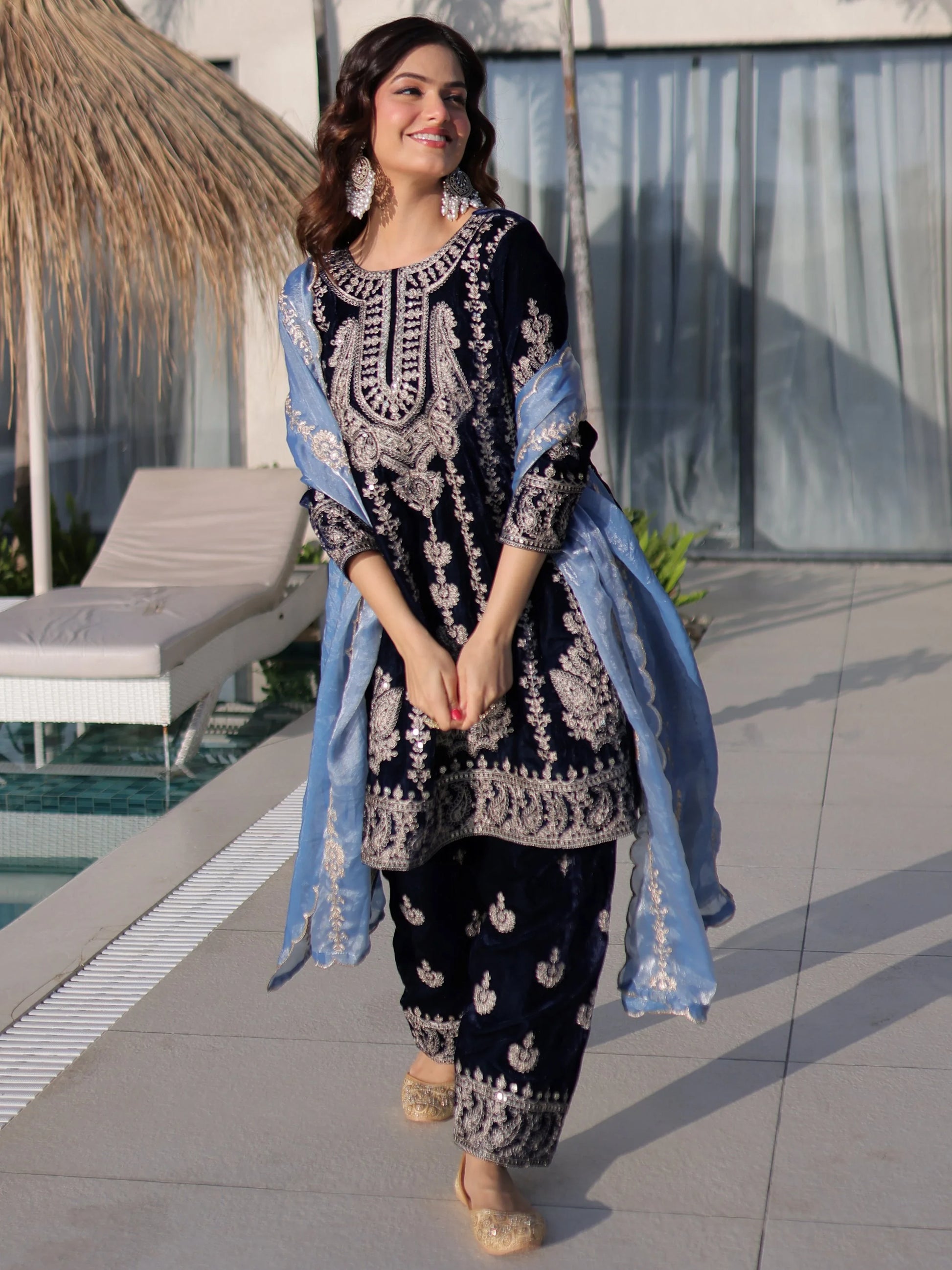Spectacular Navy Blue Zari Embroidery Velvet Wedding Wear Salwar Kameez