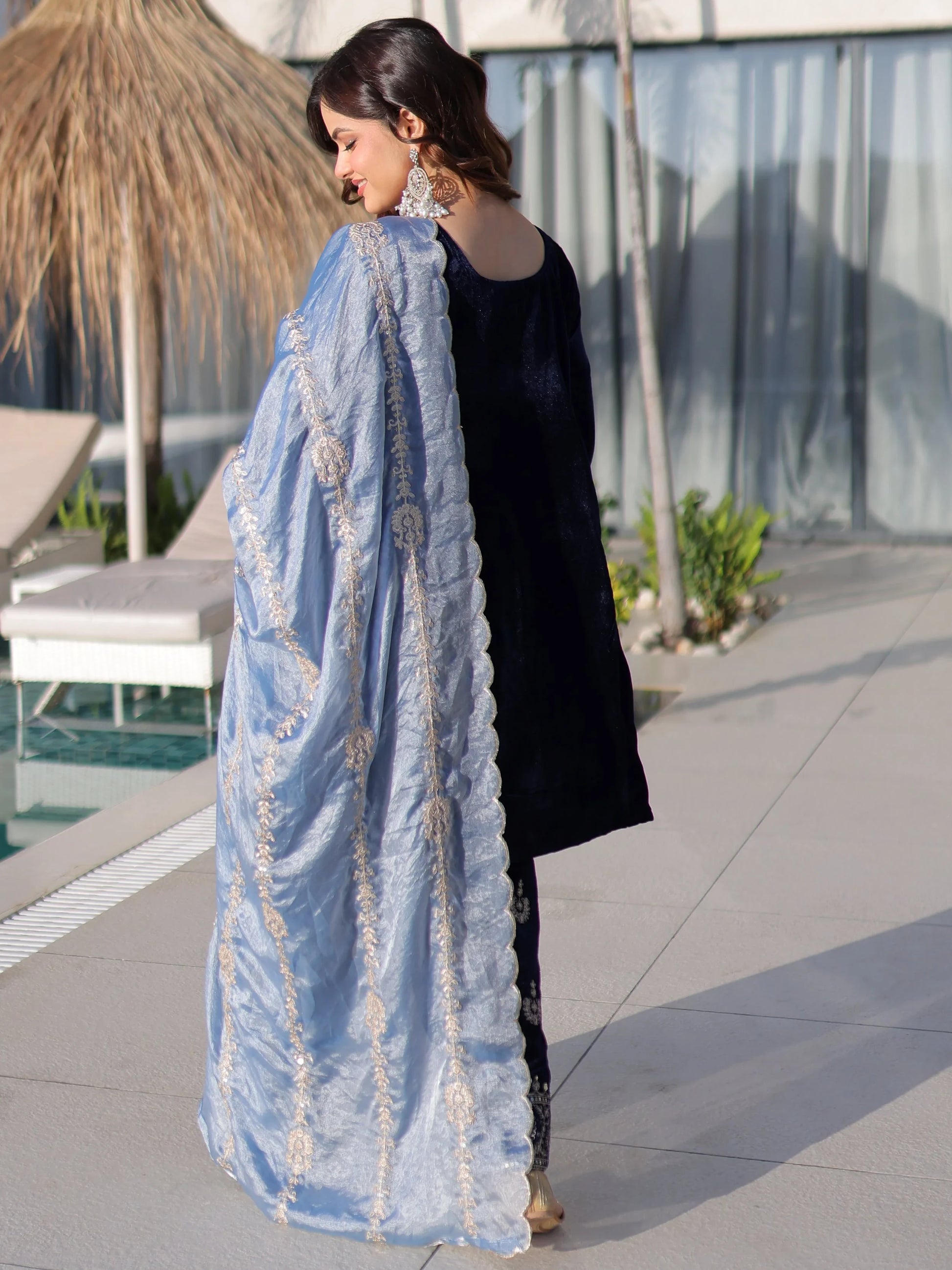 Spectacular Navy Blue Zari Embroidery Velvet Wedding Wear Salwar Kameez